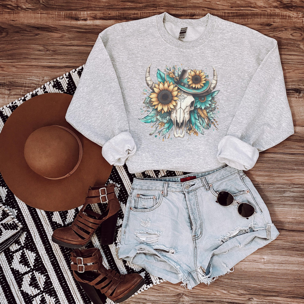 Western Turquoise Sunflower Skull Graphic Sweatshirt - Trendznmore