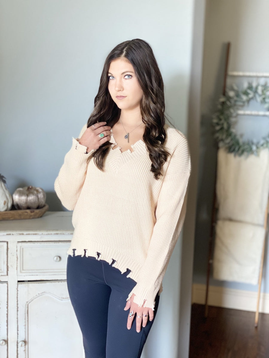 Blush V Neck Off Shoulder Distressed Sweater Trendznmore