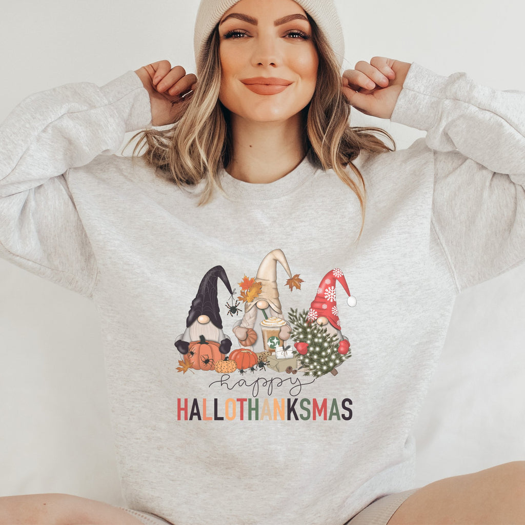Happy Hallothanksmas Gnome Crewneck Sweatshirt - Trendznmore