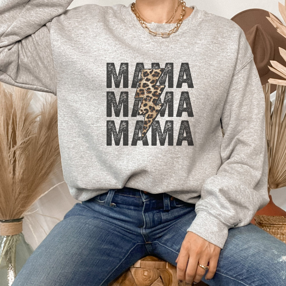 Retro Mama Leopard Lightening Bolt Crewneck Sweatshirt Trendznmore