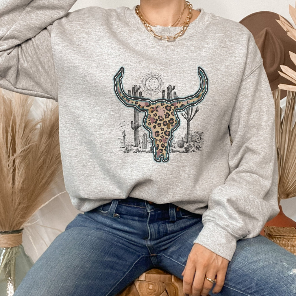Western Leopard Cow Skull Crewneck Sweatshirt - Trendznmore