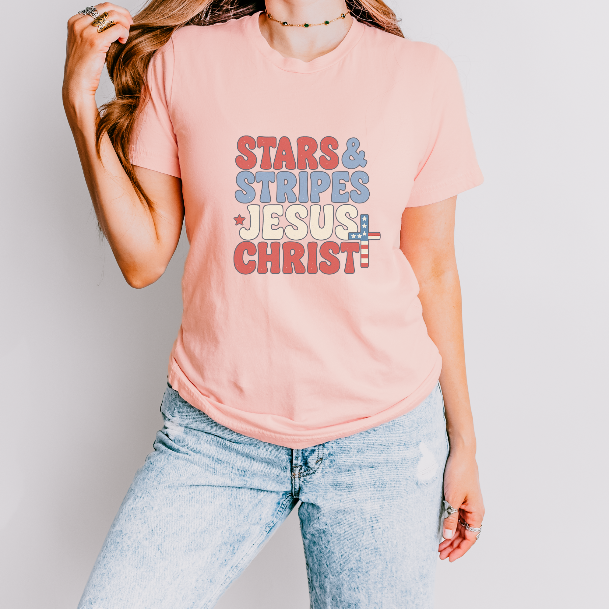 Stars Stripes Jesus Christ Patriotic Graphic T-Shirt