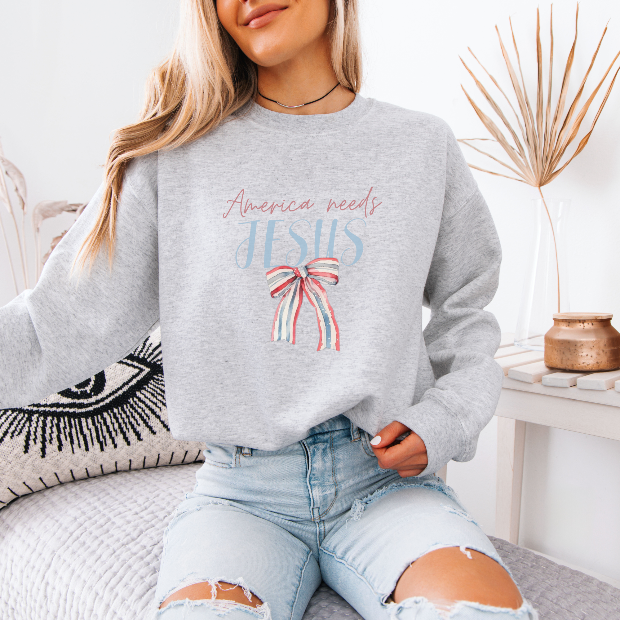 America Needs Jesus Women's Patriotic Crewneck Sweatshirt