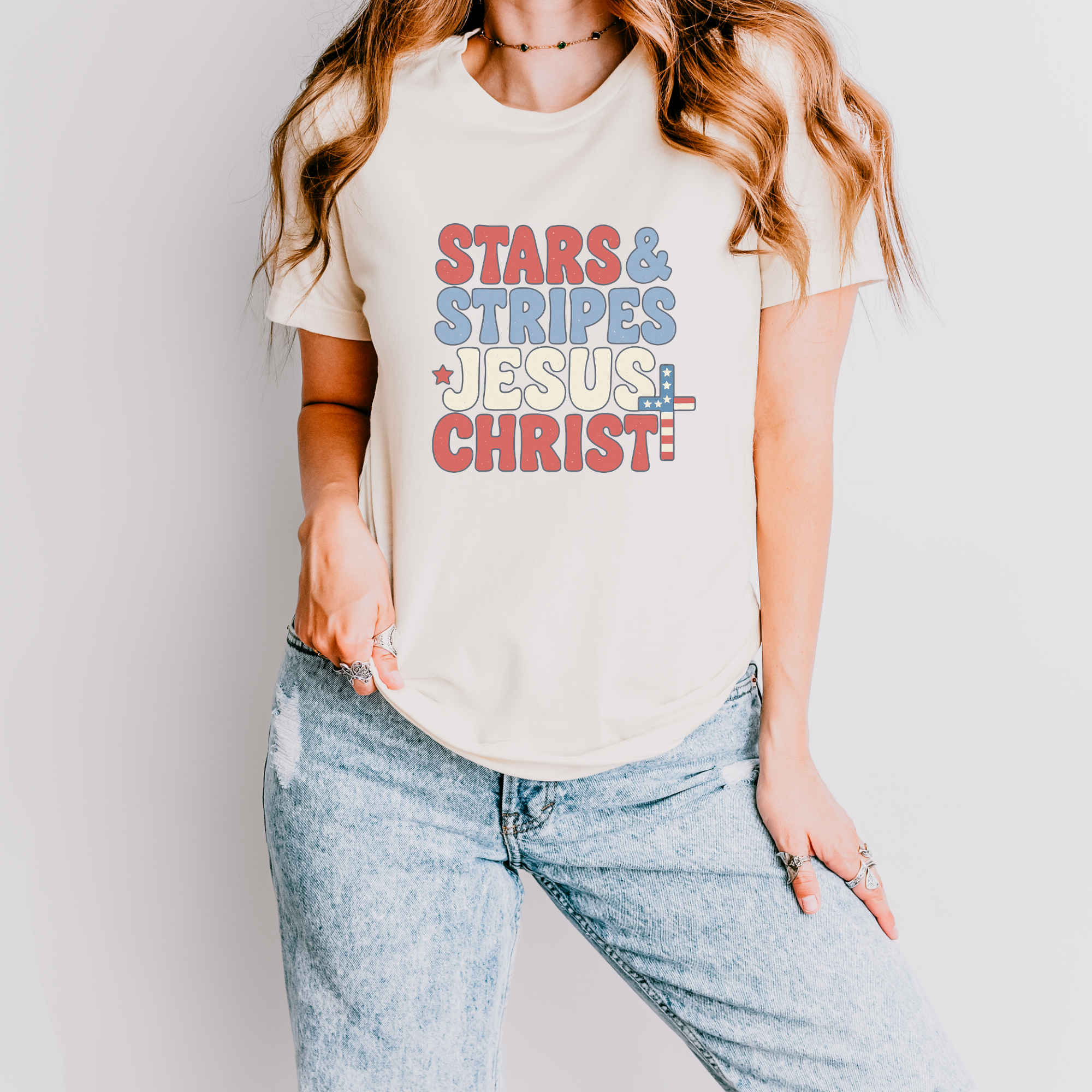 Stars Stripes Jesus Christ Patriotic Graphic T-Shirt