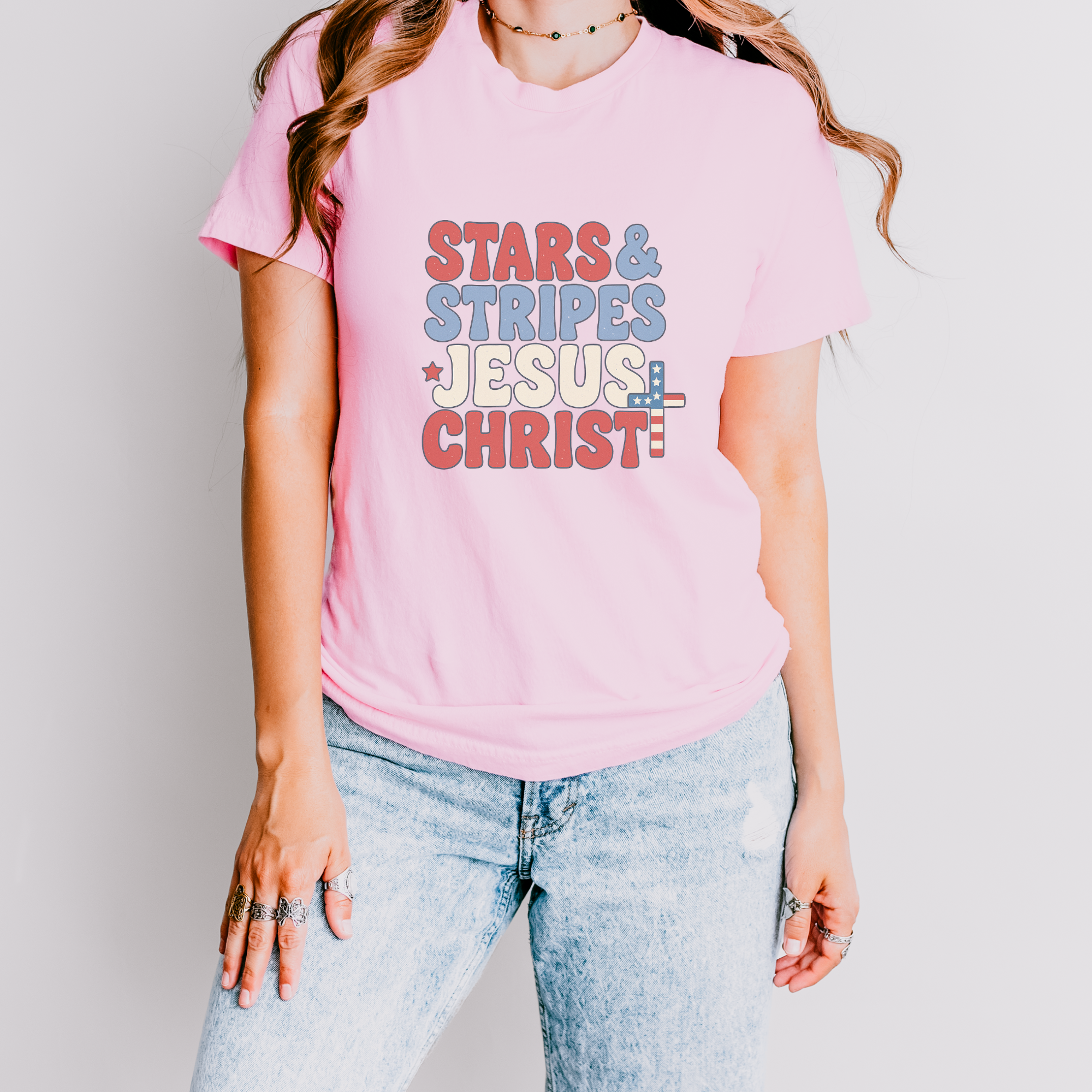 Stars Stripes Jesus Christ Patriotic Graphic T-Shirt