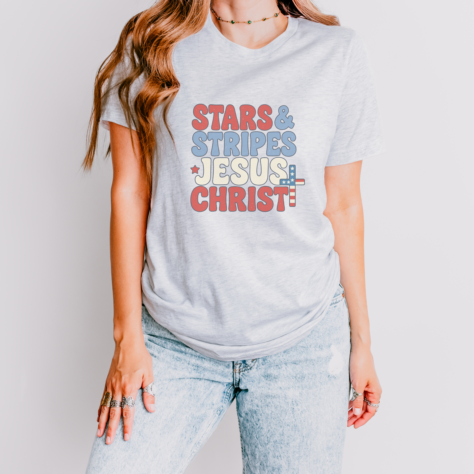 Stars Stripes Jesus Christ Patriotic Graphic T-Shirt