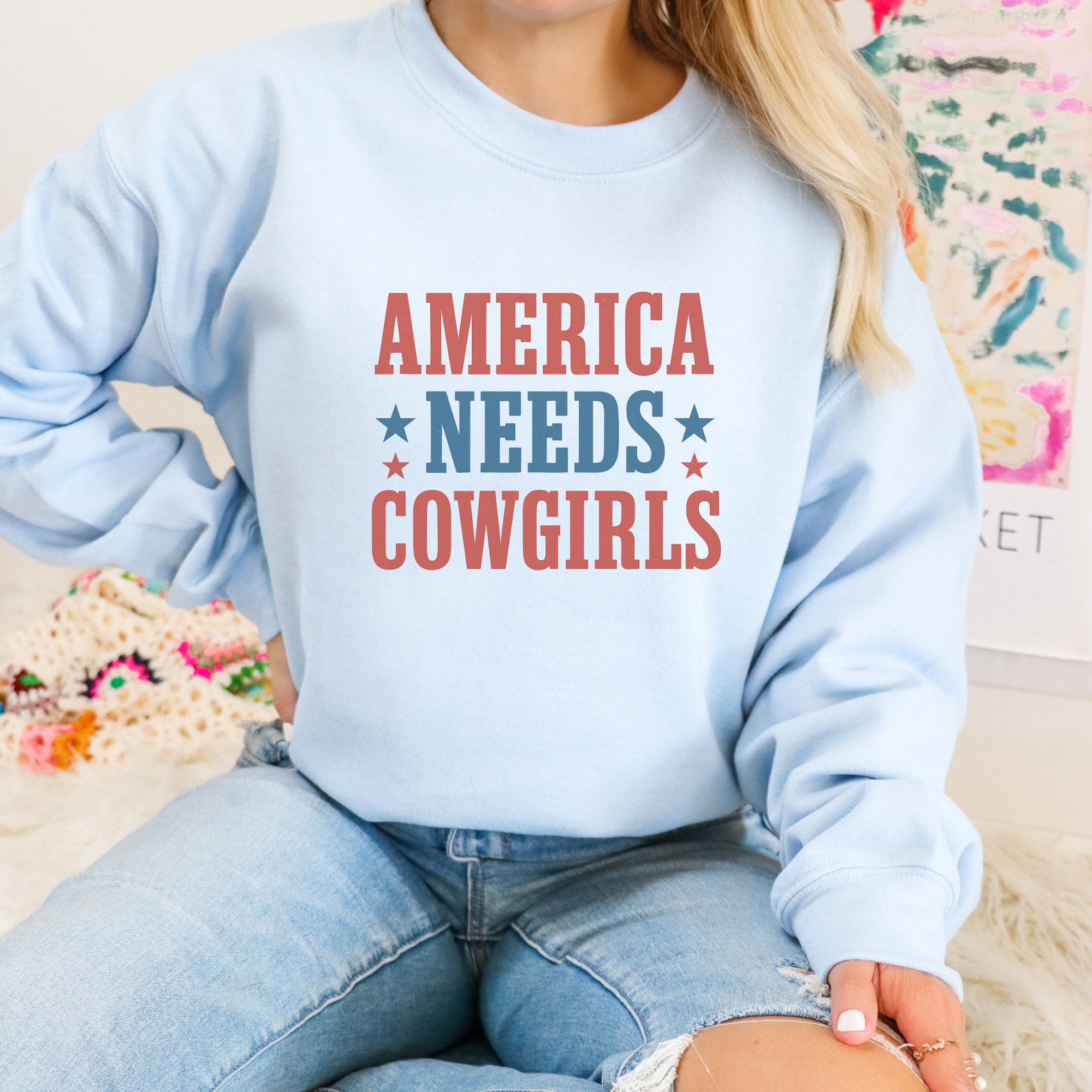 America Needs Cowgirls Patriotic Crewneck Sweatshirt