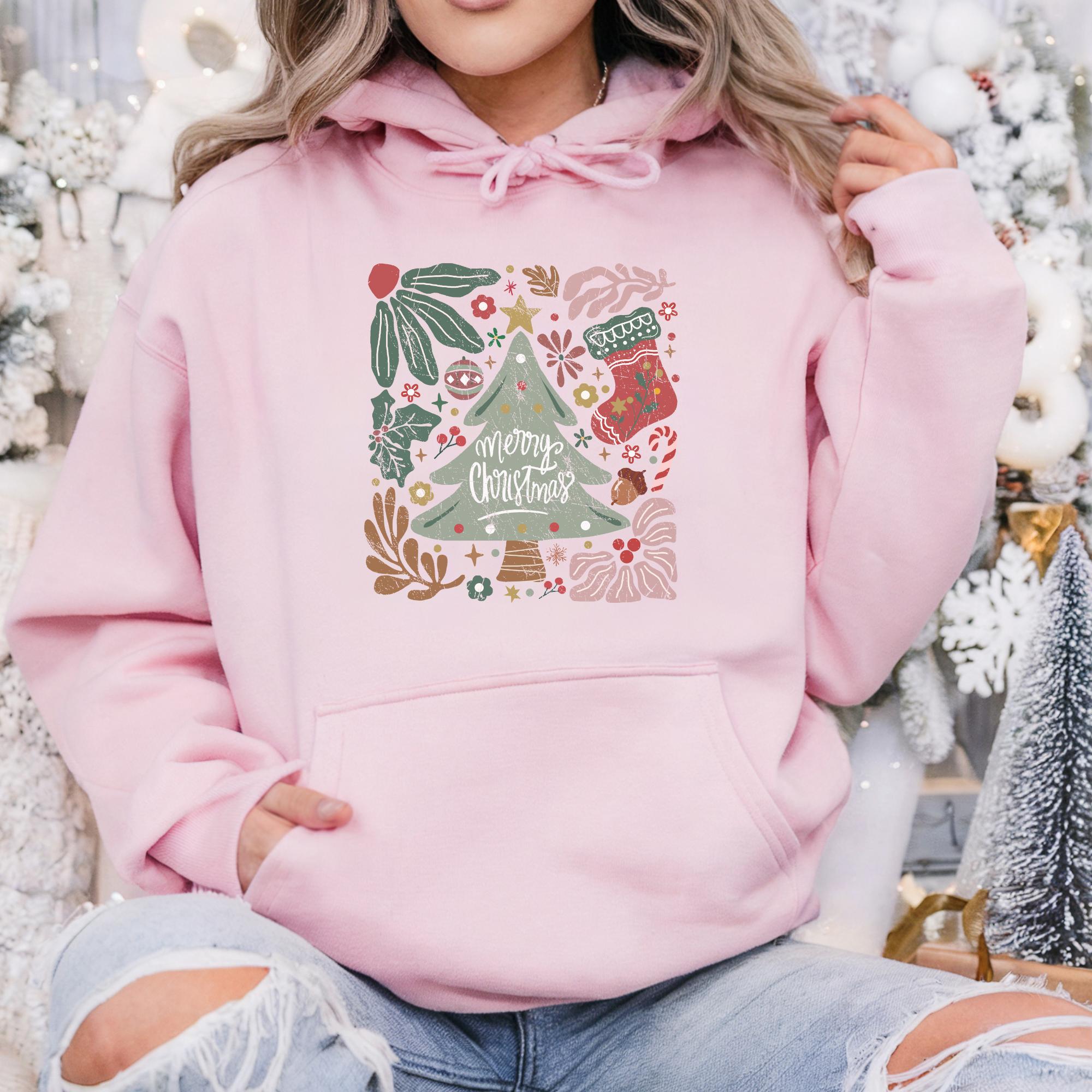 Boho Hand Drawn Merry Christmas Women's Graphic Hoodie