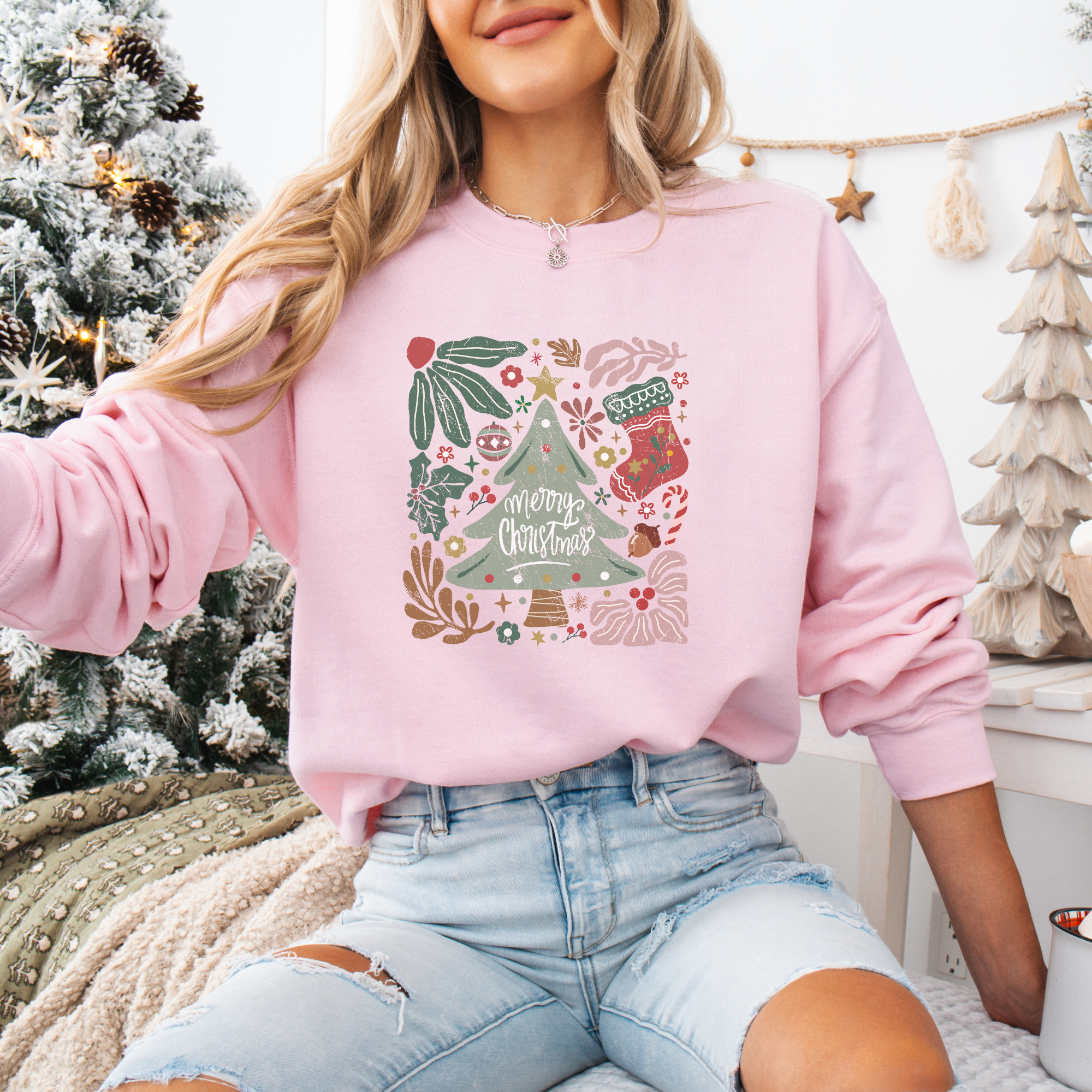 Boho Hand Drawn Merry Christmas Women's Graphic Sweatshirt