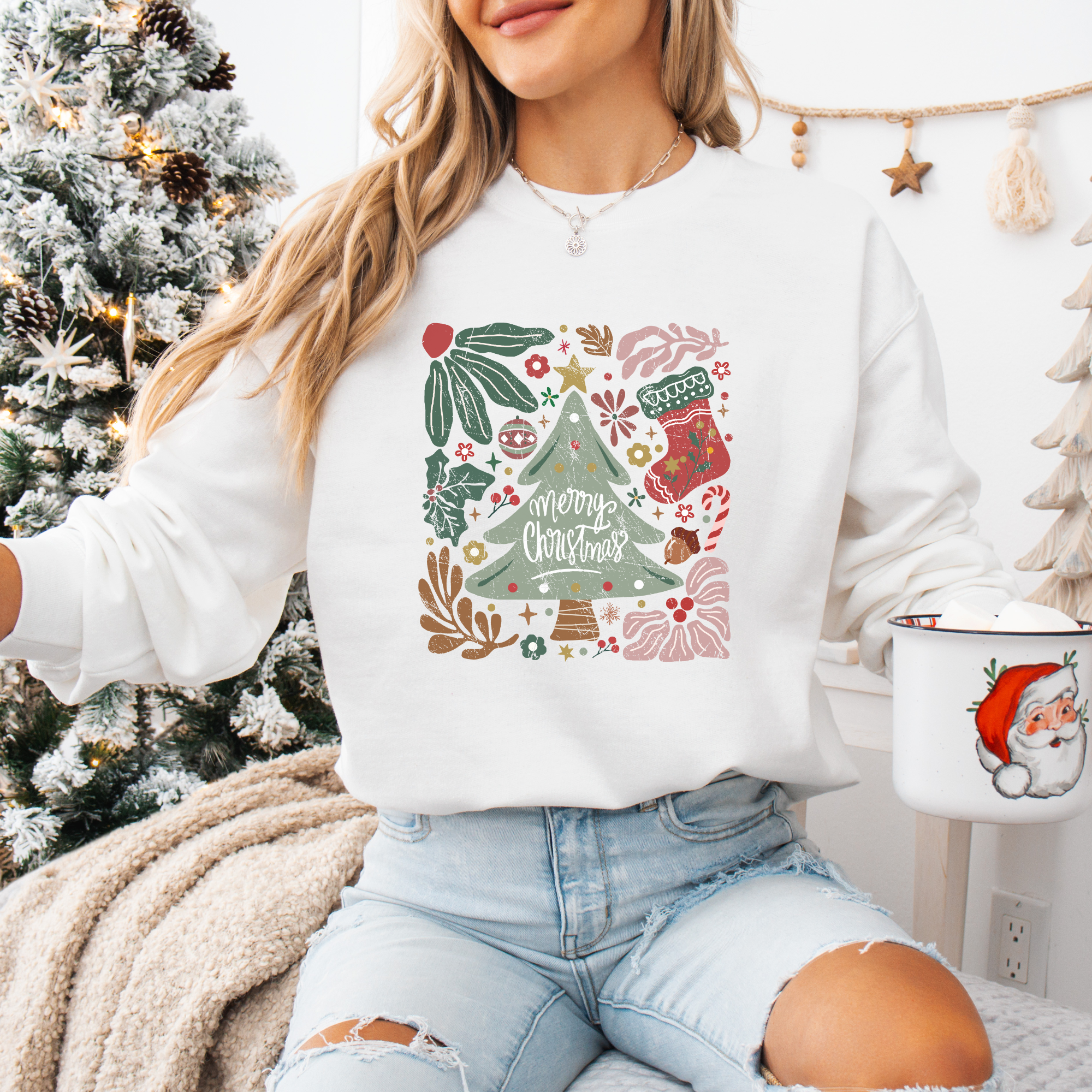 Boho Hand Drawn Merry Christmas Women's Graphic Sweatshirt