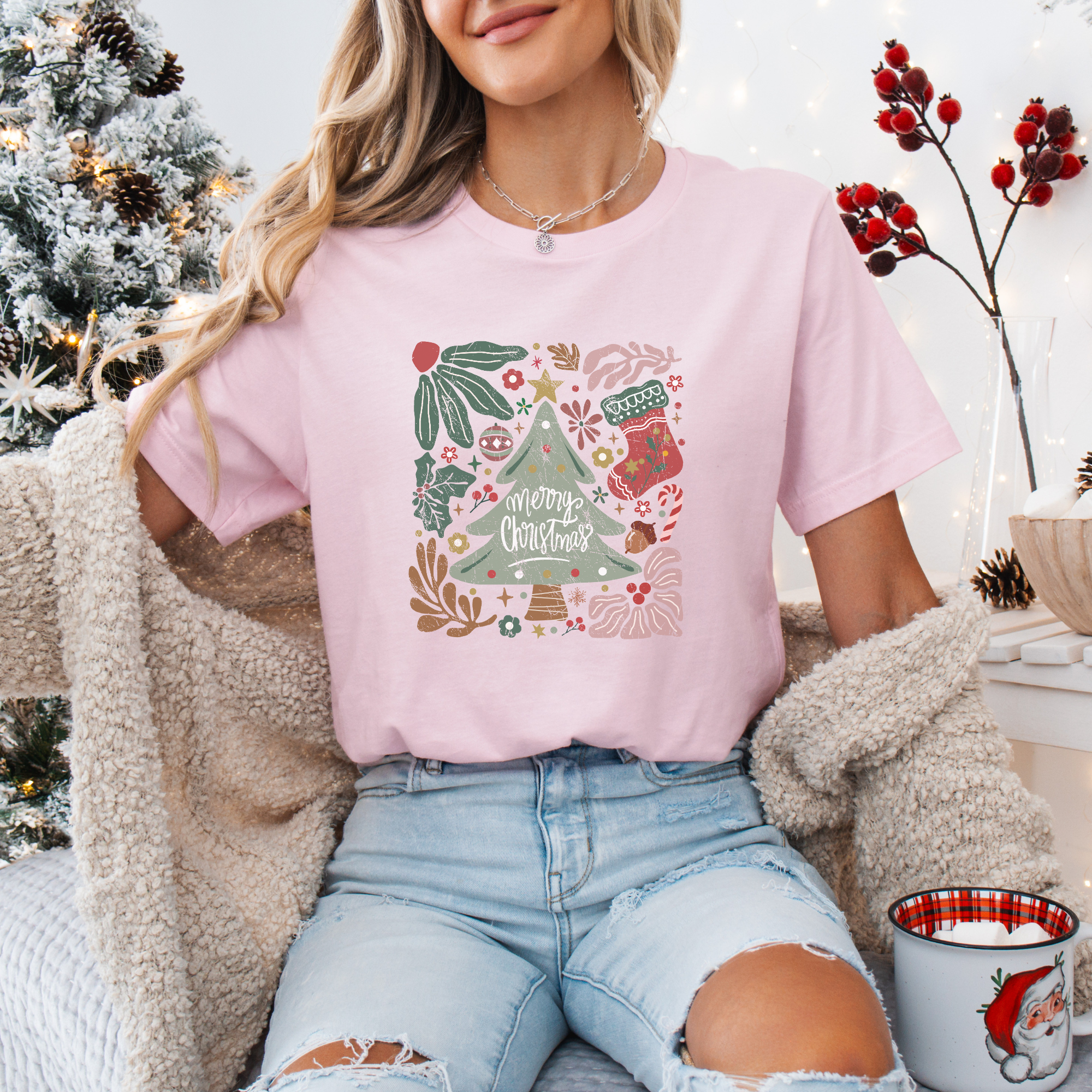 Boho Hand Drawn Merry Christmas Women's Graphic T-Shirt