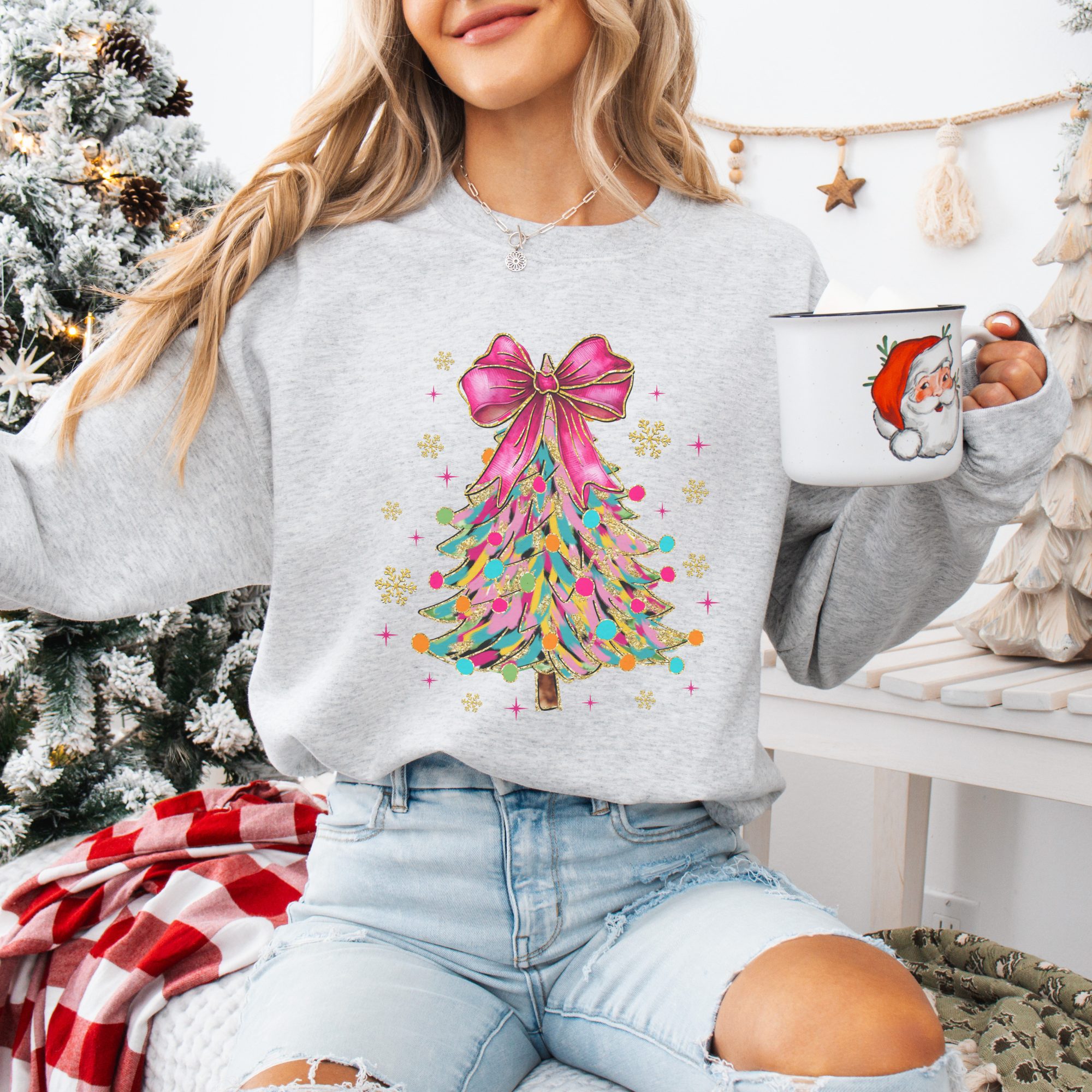 Bright Colorful Coquette Christmas Tree Women's Graphic Sweatshirt