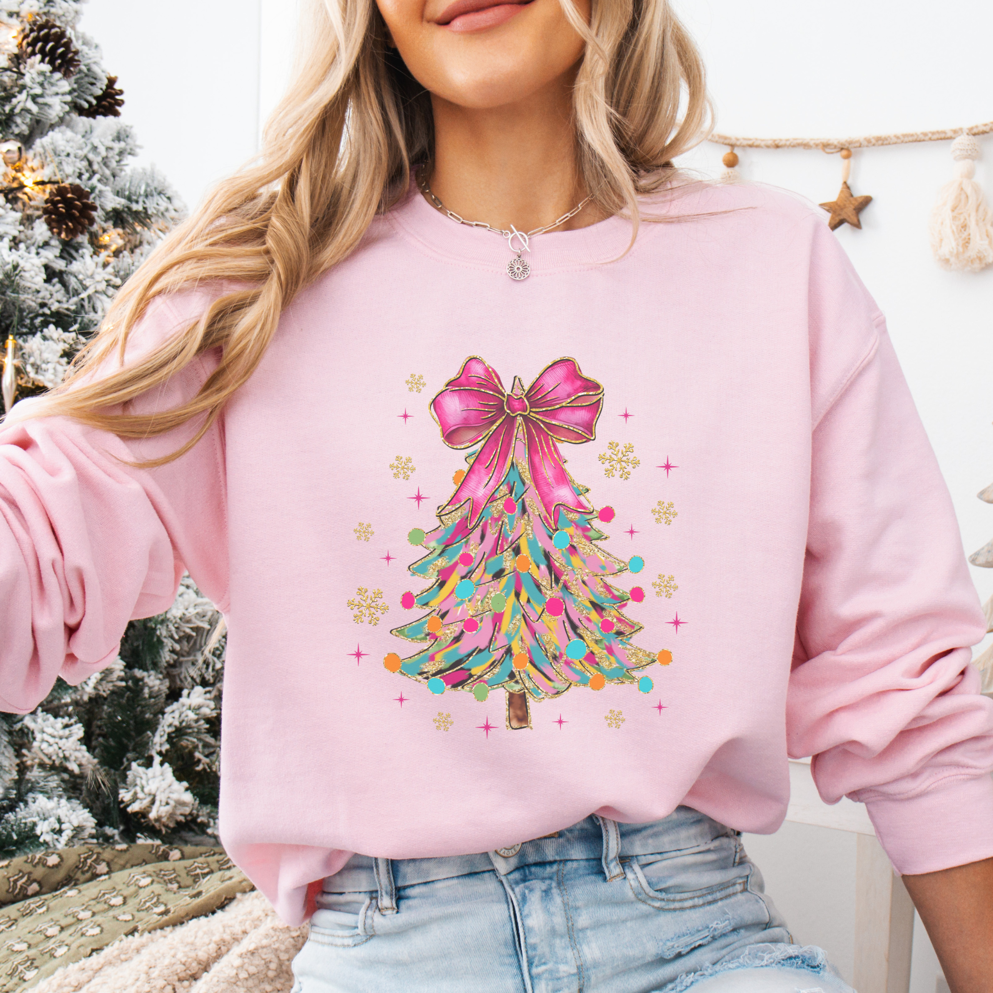 Bright Colorful Coquette Christmas Tree Women's Graphic Sweatshirt