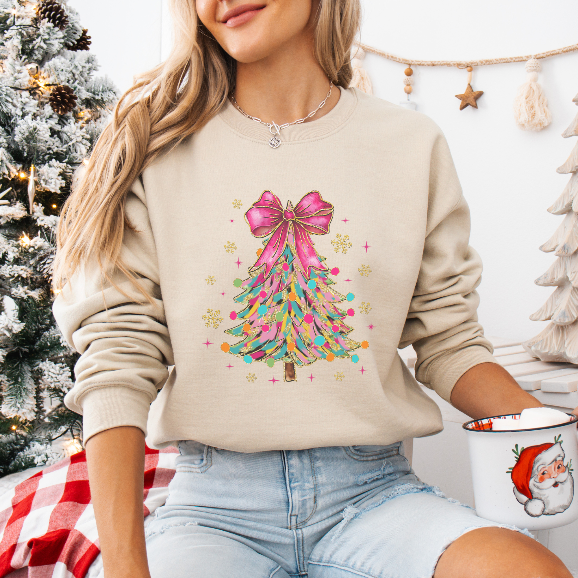 Bright Colorful Coquette Christmas Tree Women's Graphic Sweatshirt