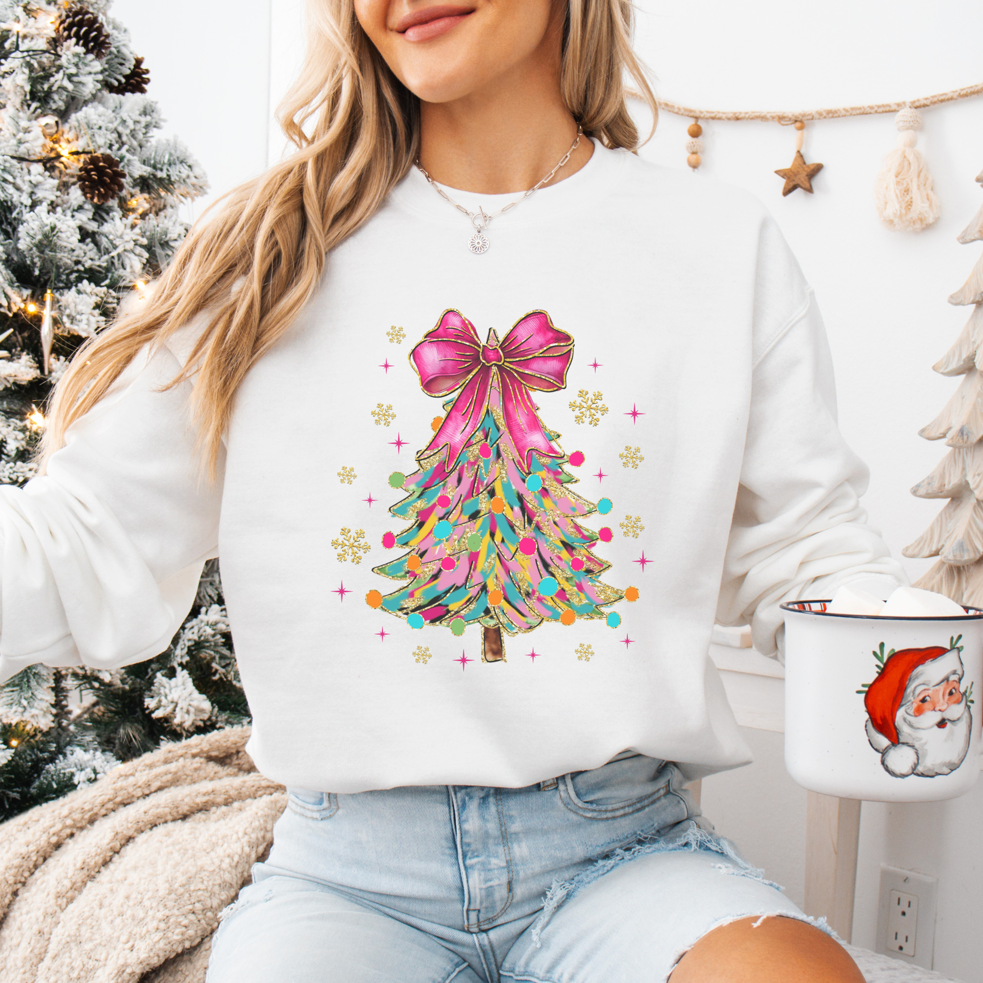 Bright Colorful Coquette Christmas Tree Women's Graphic Sweatshirt
