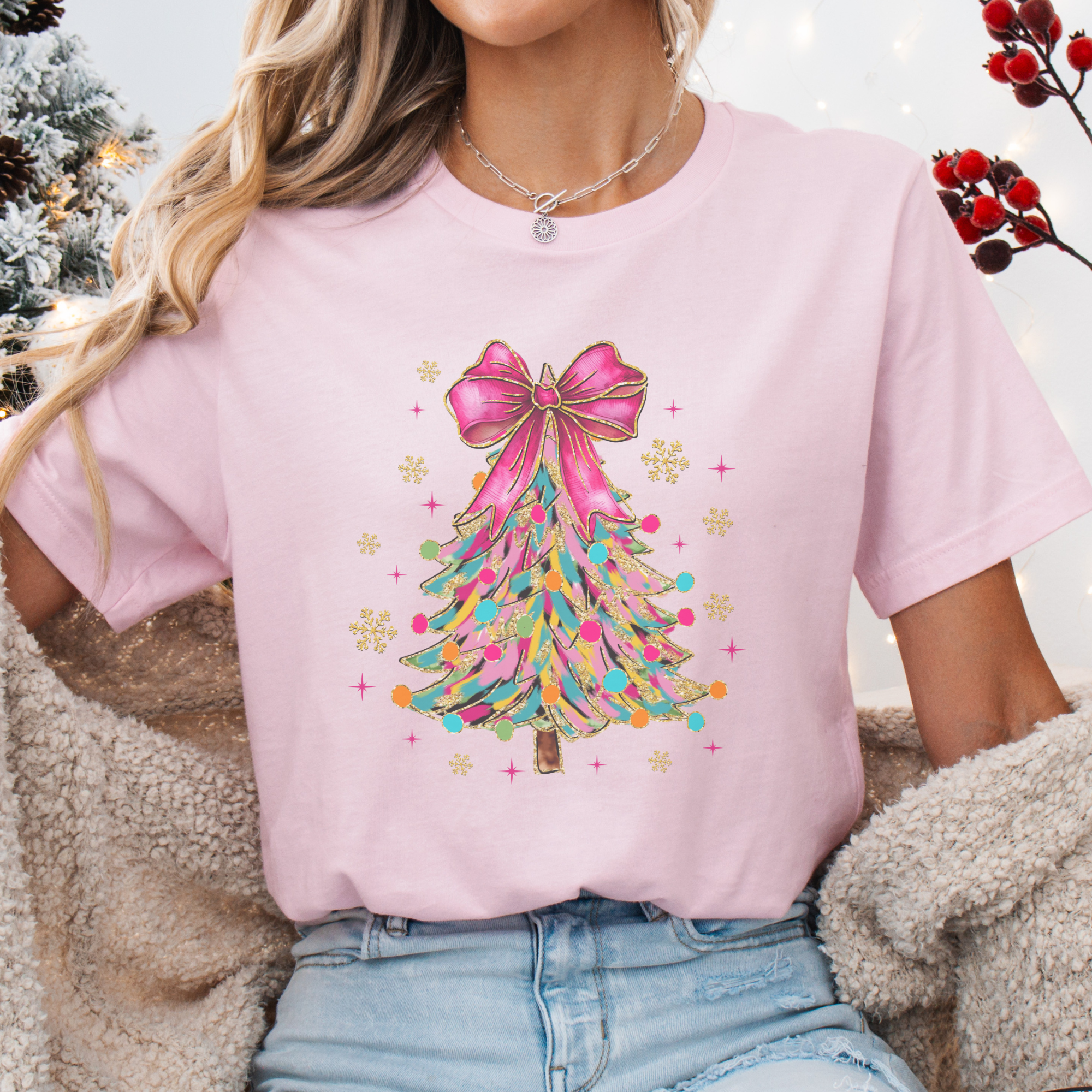 Bright Colorful Coquette Christmas Tree Women's Graphic T-Shirt