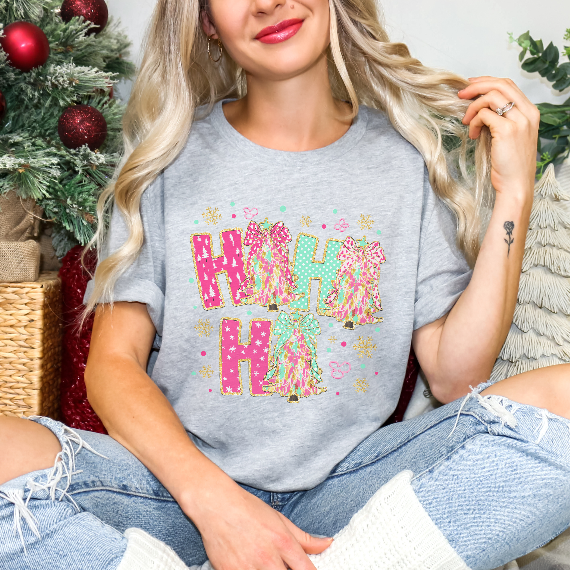 Colorful Ho Ho Ho Christmas Tree Women's Graphic T-Shirt