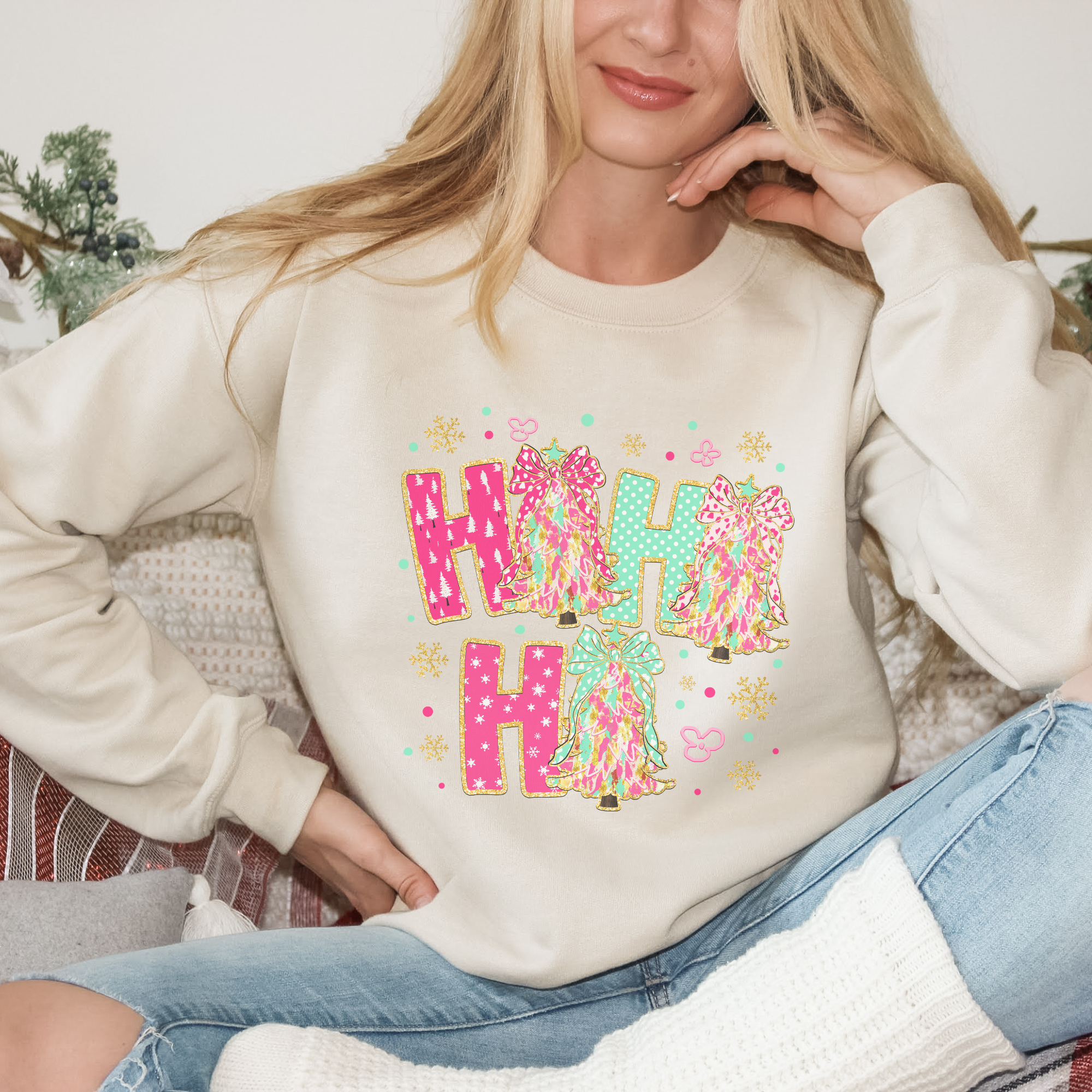 Colorful Ho Ho Ho Christmas Tree Women's Graphic Sweatshirt