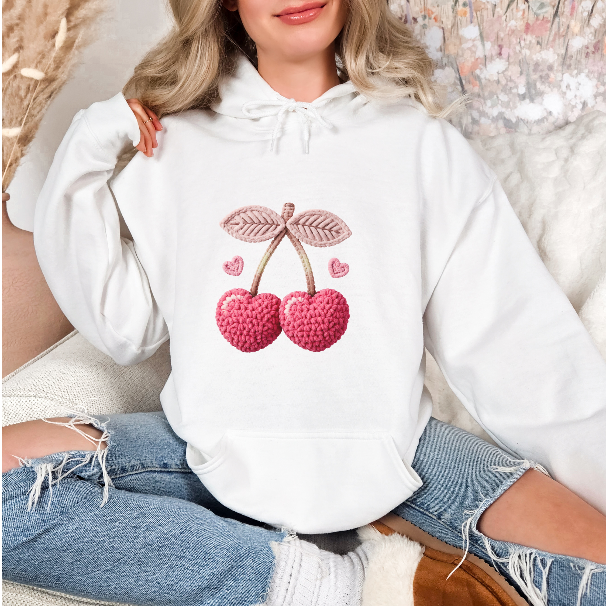 Faux Yarn Crochet Cherries Valentine's Day Graphic Hoodie