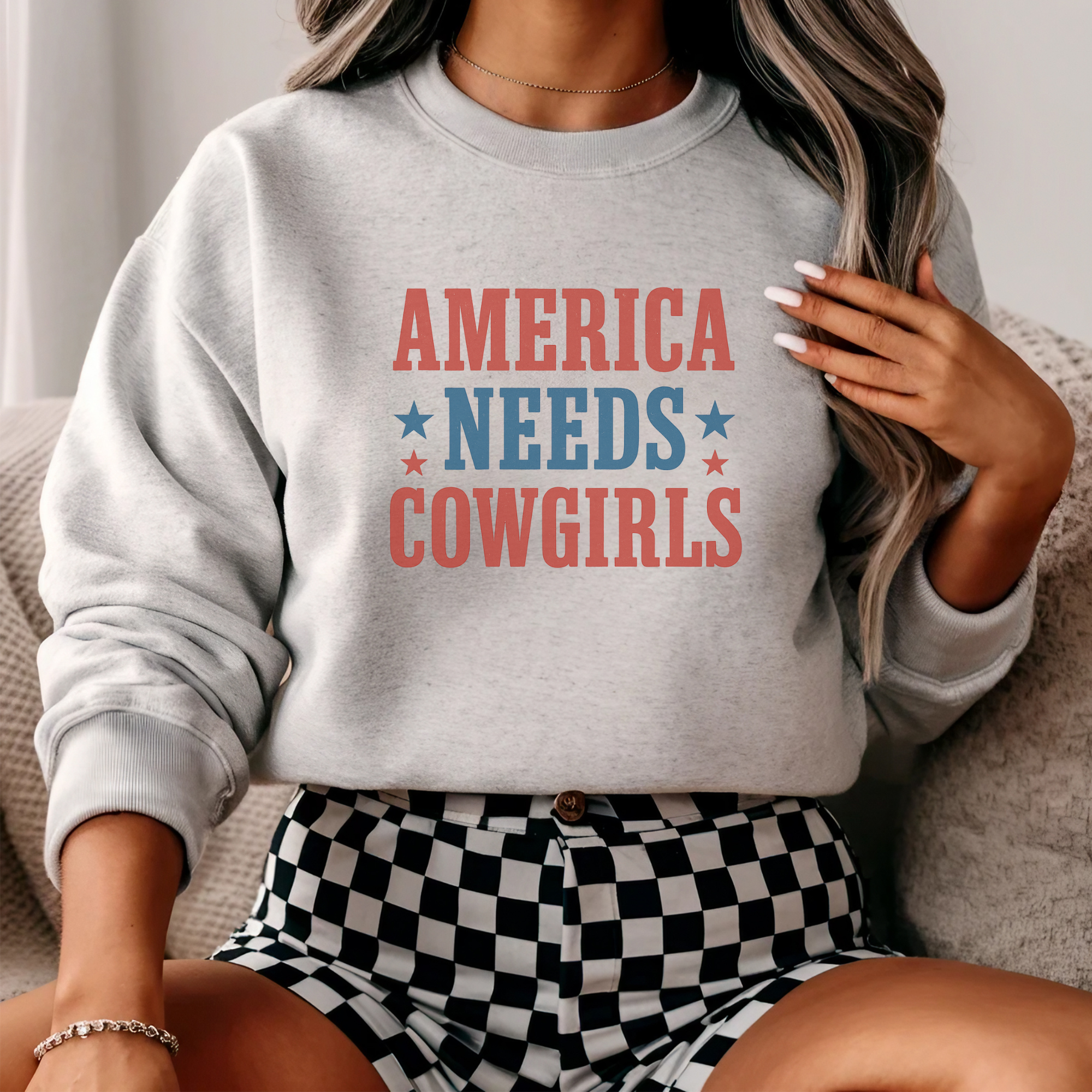 America Needs Cowgirls Patriotic Crewneck Sweatshirt