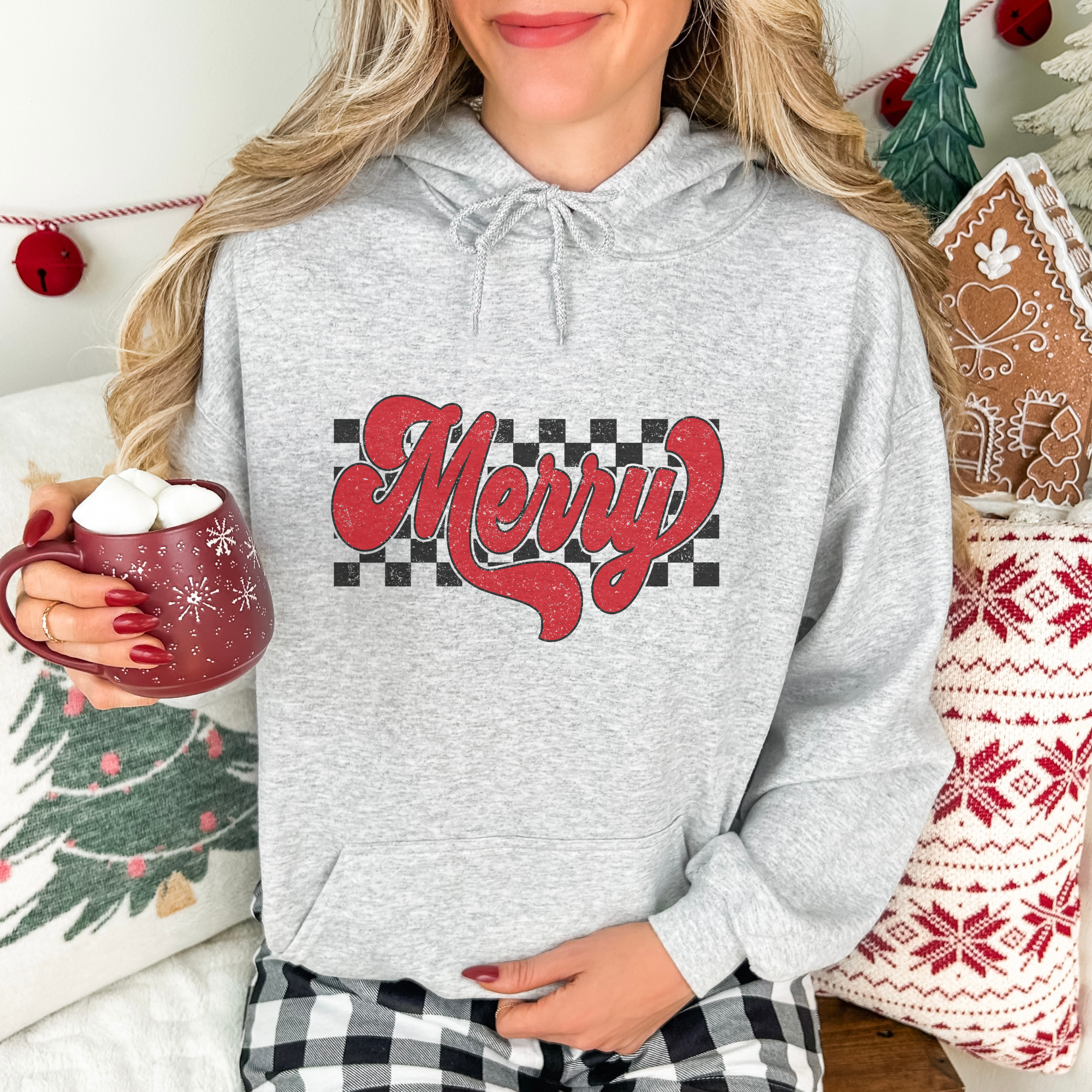 Retro Checkered Merry Christmas Women's Graphic Hoodie