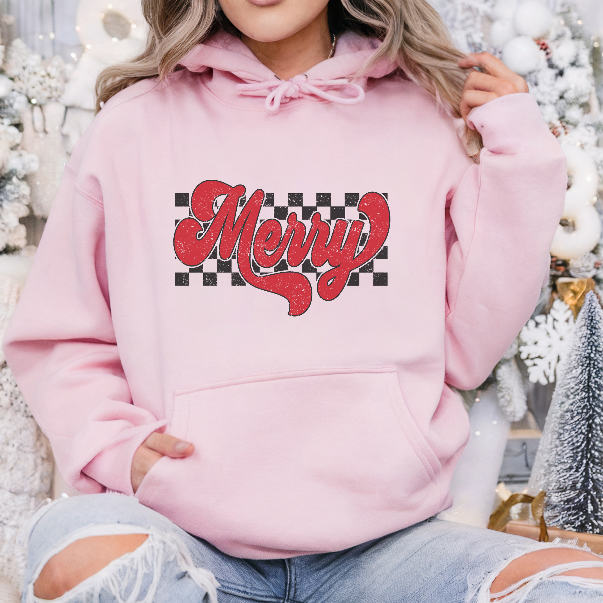 Retro Checkered Merry Christmas Women's Graphic Hoodie