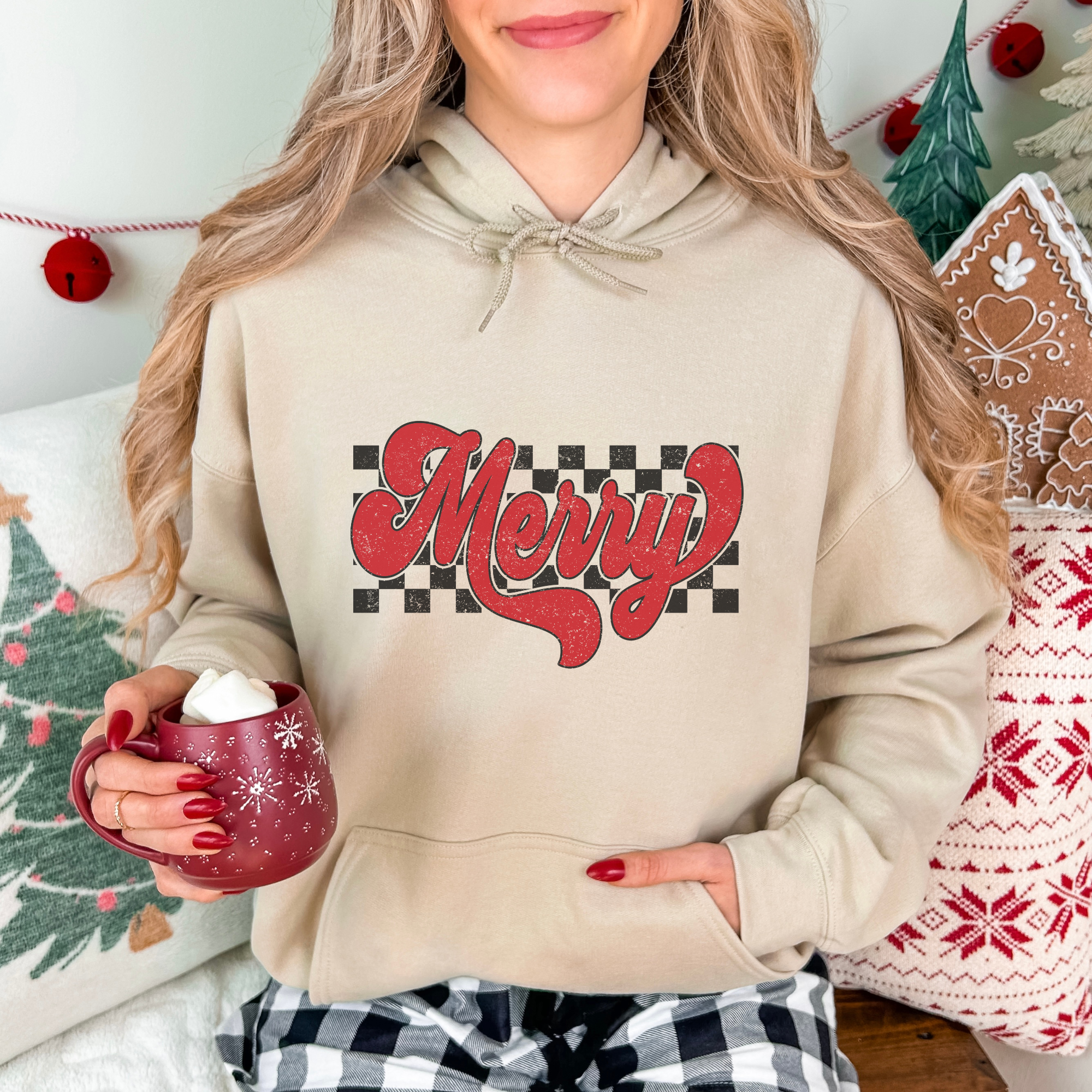 Retro Checkered Merry Christmas Women's Graphic Hoodie