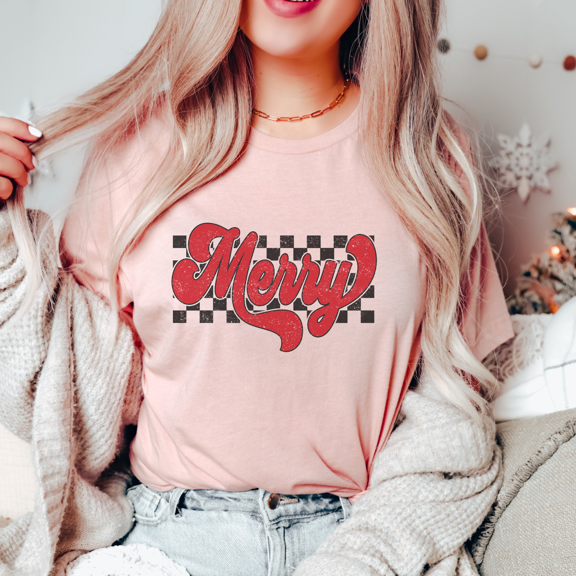 Retro Checkered Merry Christmas Women's Graphic T-Shirt