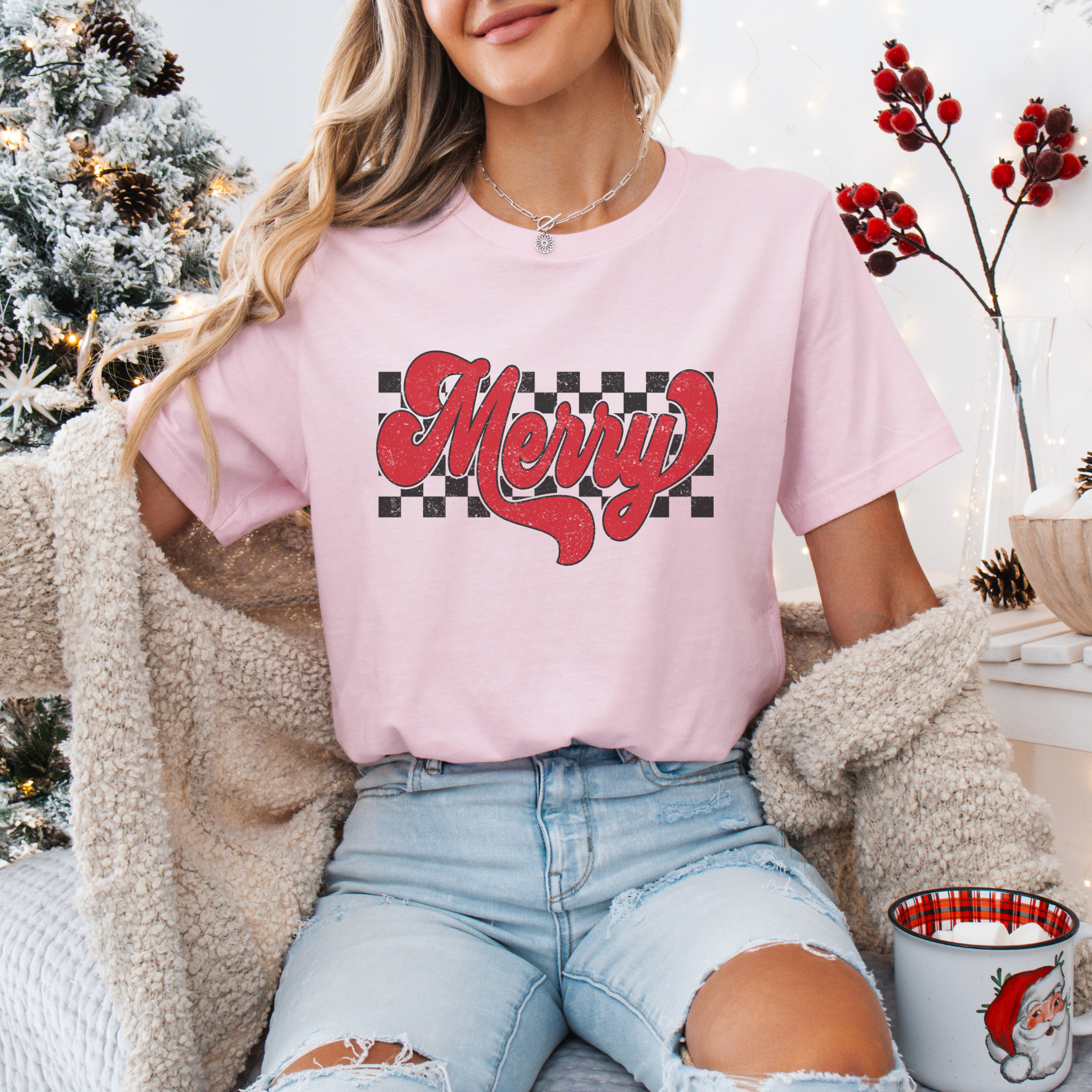 Retro Checkered Merry Christmas Women's Graphic T-Shirt