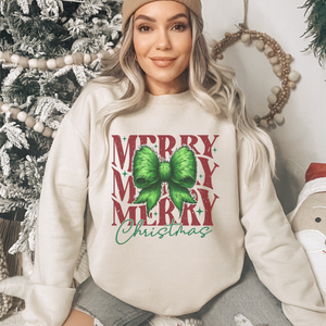 Merry Christmas Green Fur Coquette Bow Women's Sweatshirt