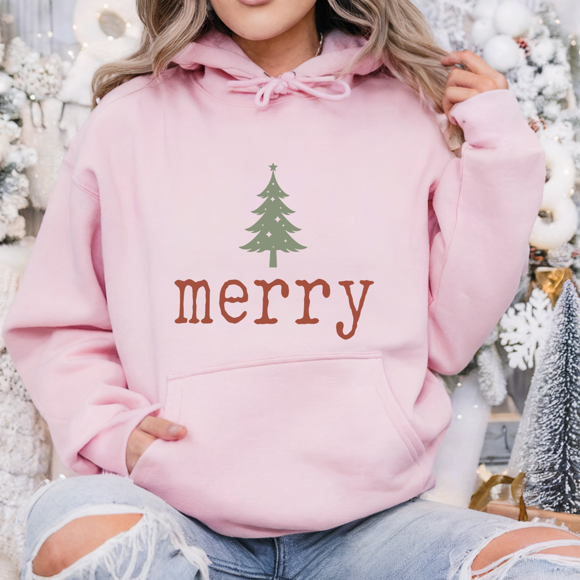 Merry Christmas Tree Typewriter Font Women's Graphic Hoodie