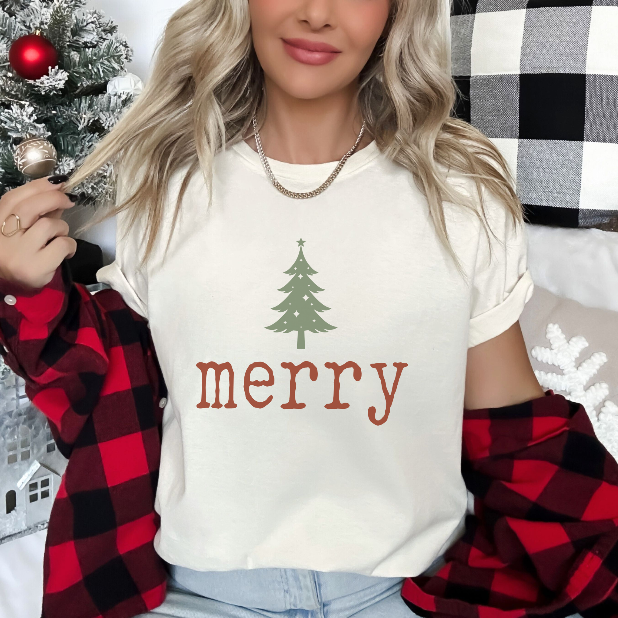 Merry Christmas Tree Typewriter Font Women's Graphic T-Shirt