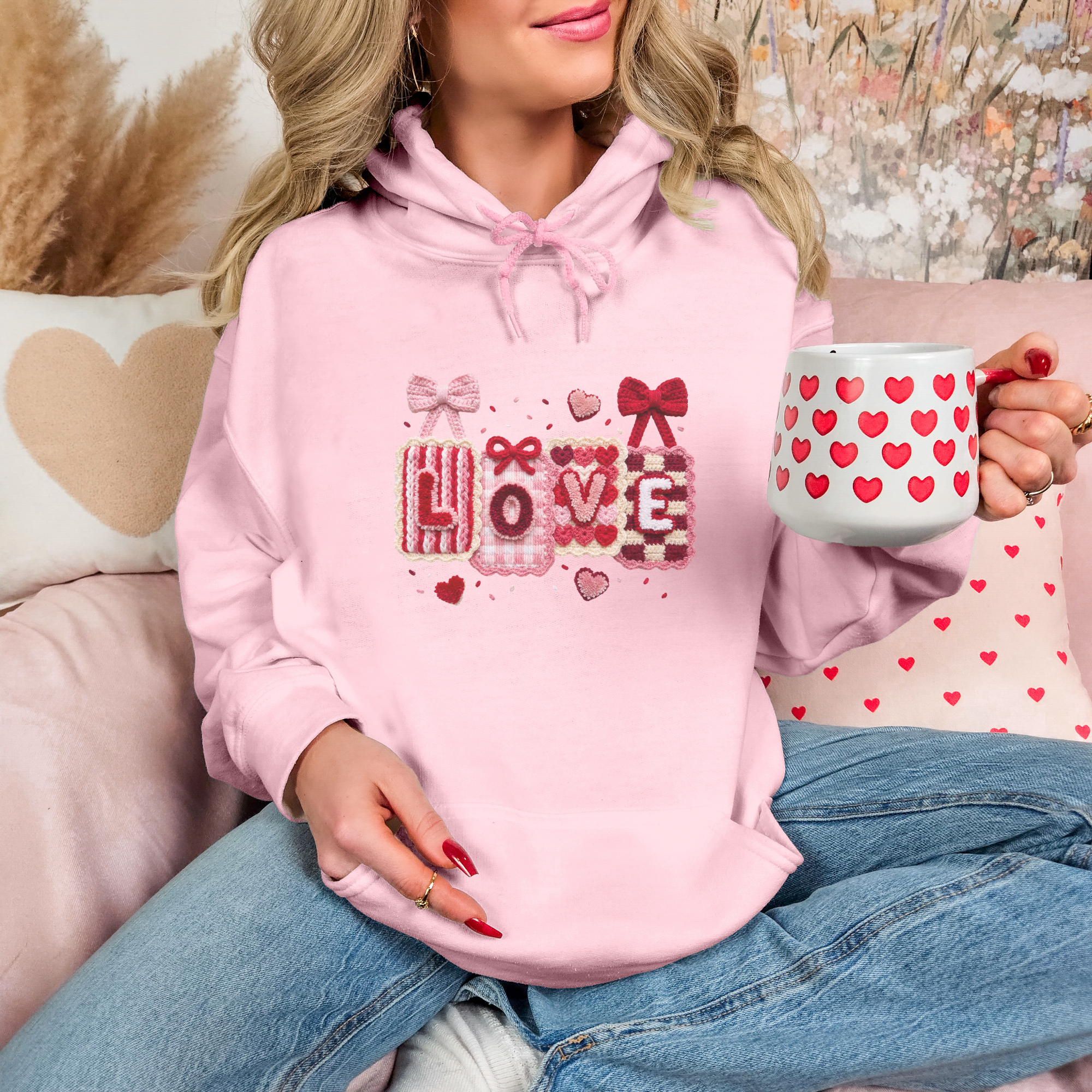 Preppy Love Faux Yarn Crochet Valentine's Day Graphic Hoodie