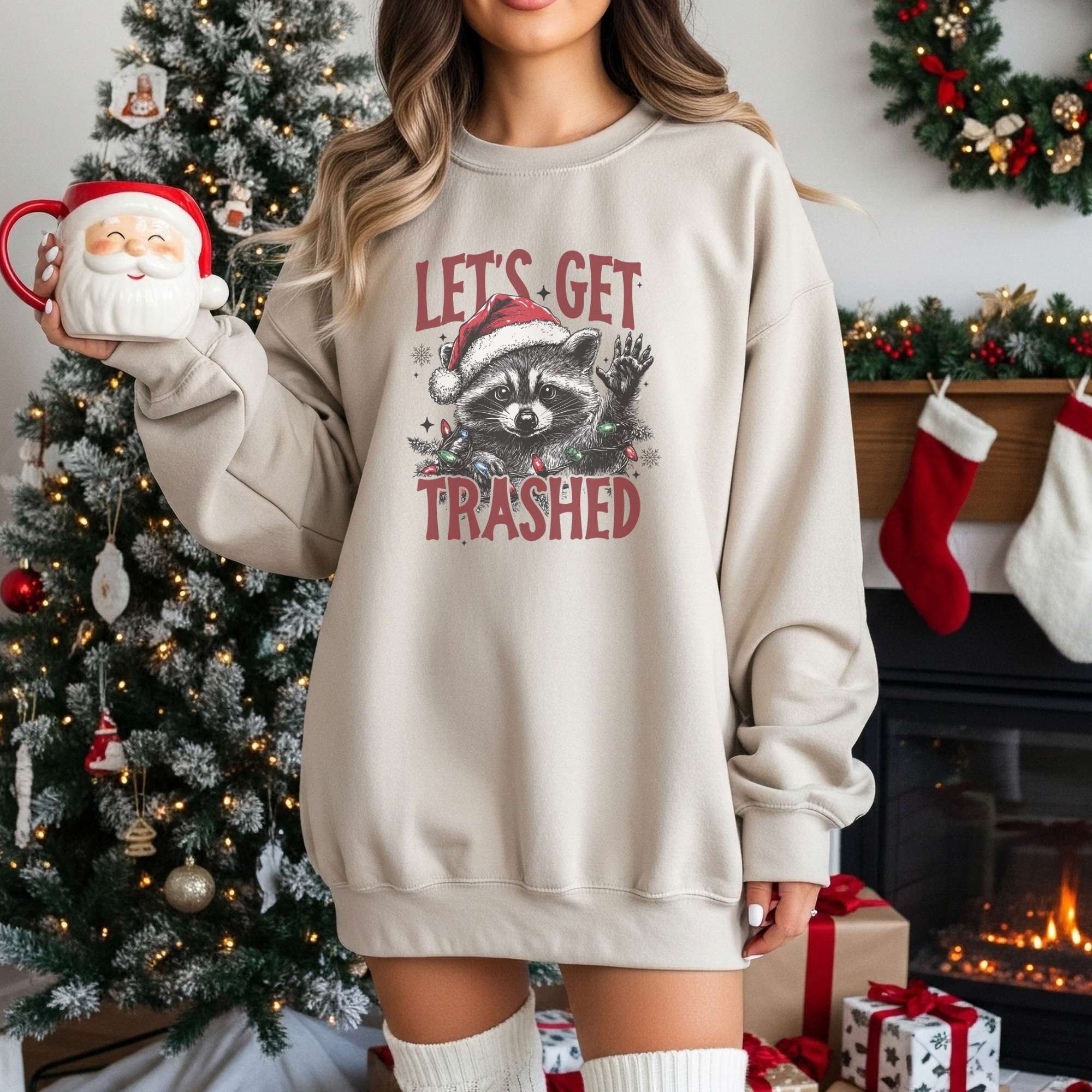 Let's Get Trashed Christmas Raccoon Women's Graphic Sweatshirt