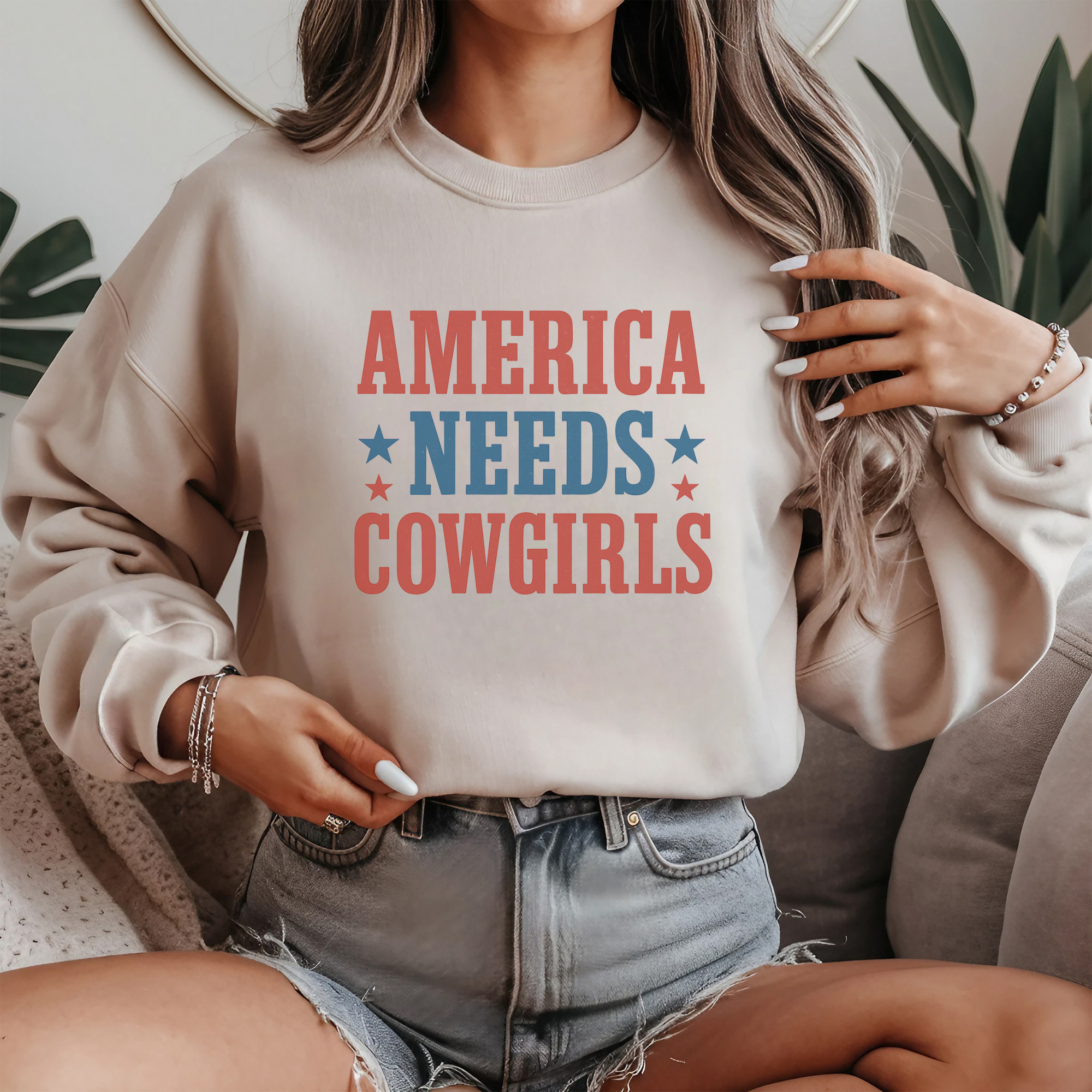 America Needs Cowgirls Patriotic Crewneck Sweatshirt