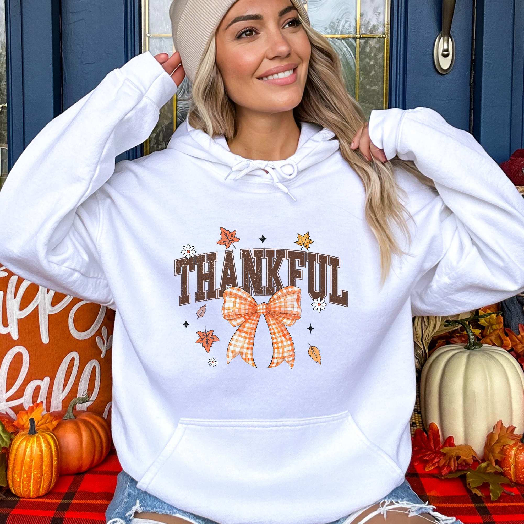 Thankful Coquette Bow Thanksgiving Fall Graphic Hoodie