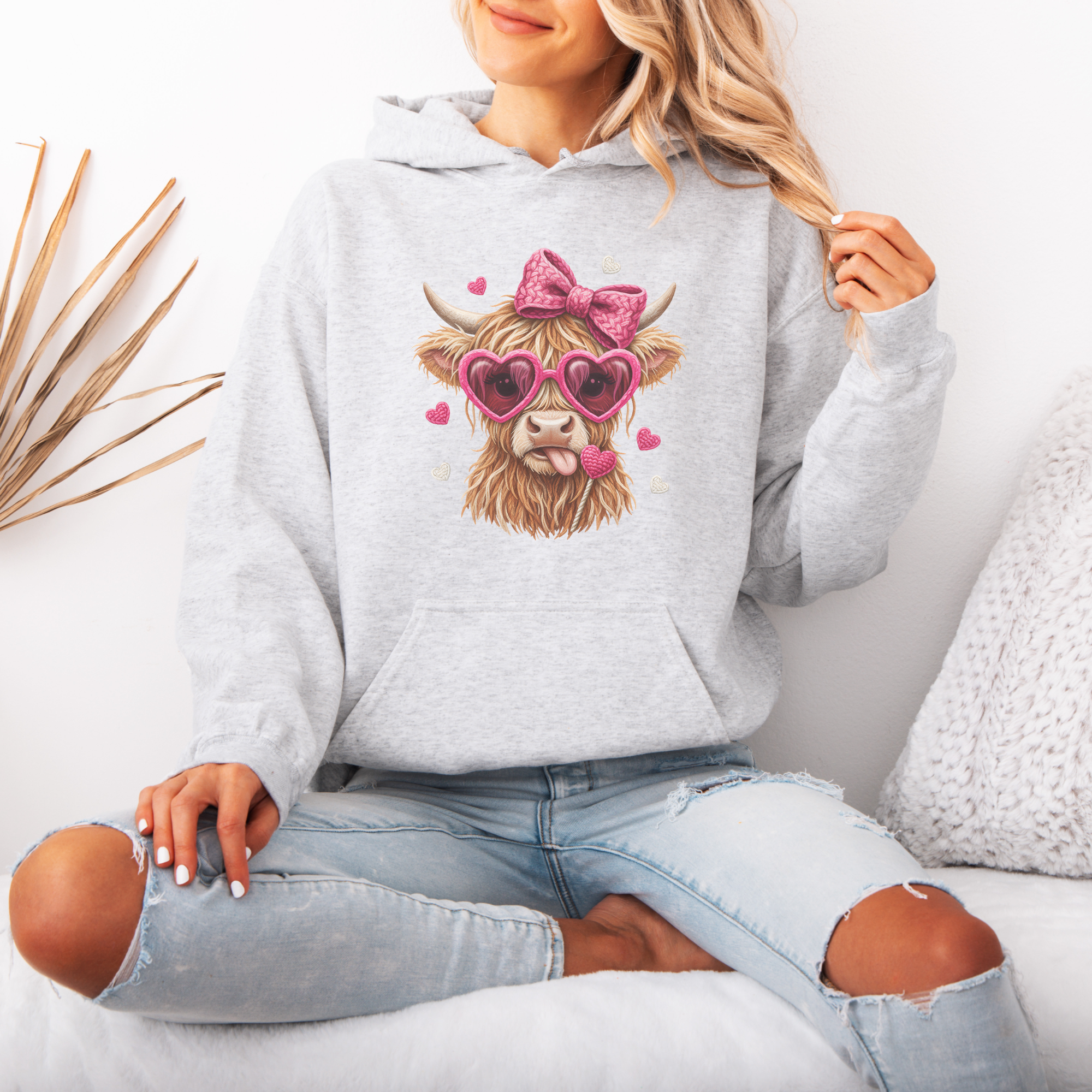 Valentine's Highland Heifer Cow Valentine's Day Graphic Hoodie