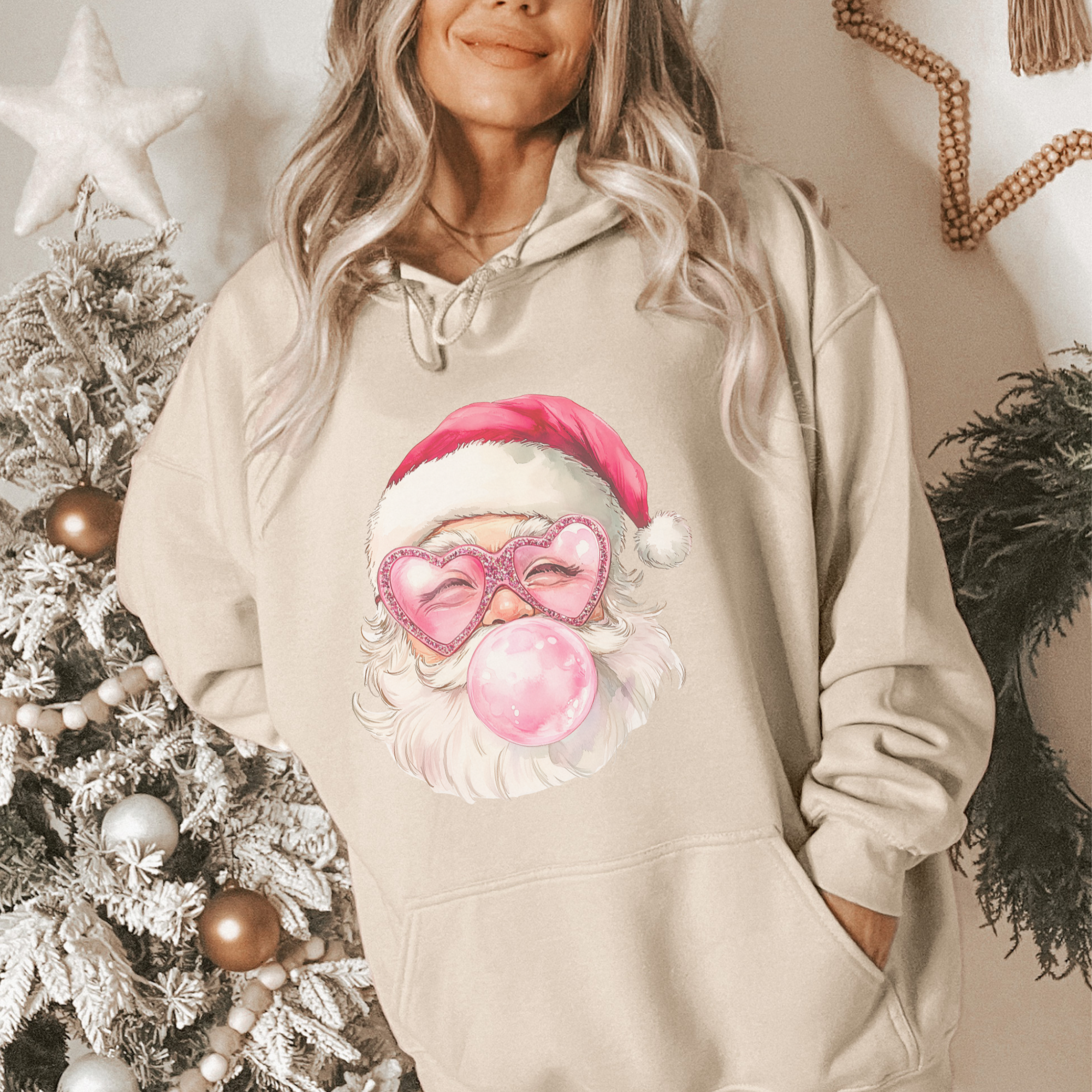 Vintage Pink Bubble Gum Santa Christmas Hoodie