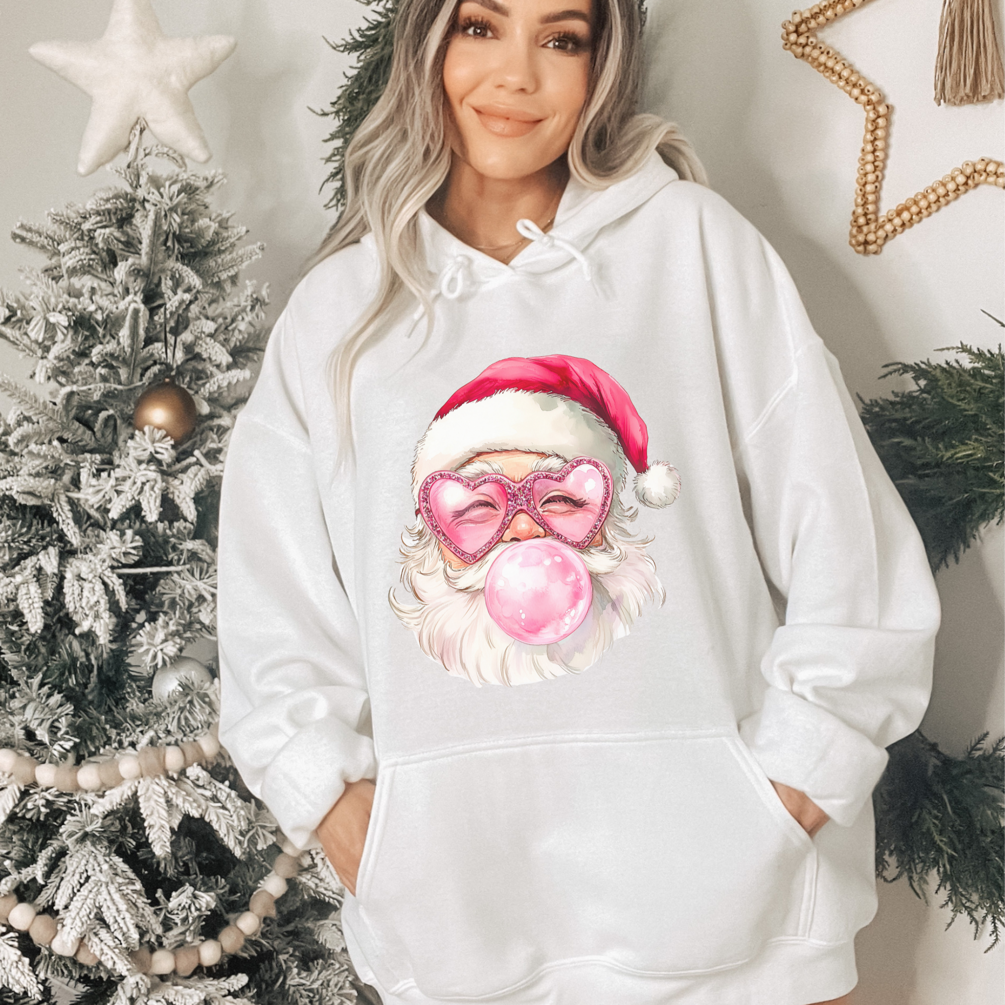 Vintage Pink Bubble Gum Santa Christmas Hoodie