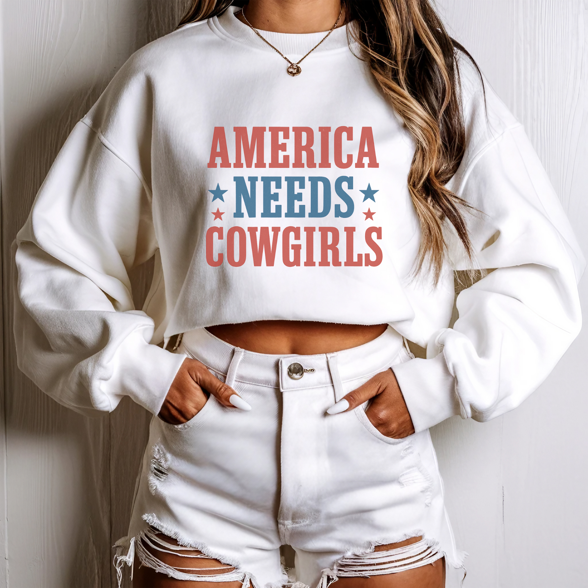 America Needs Cowgirls Patriotic Crewneck Sweatshirt
