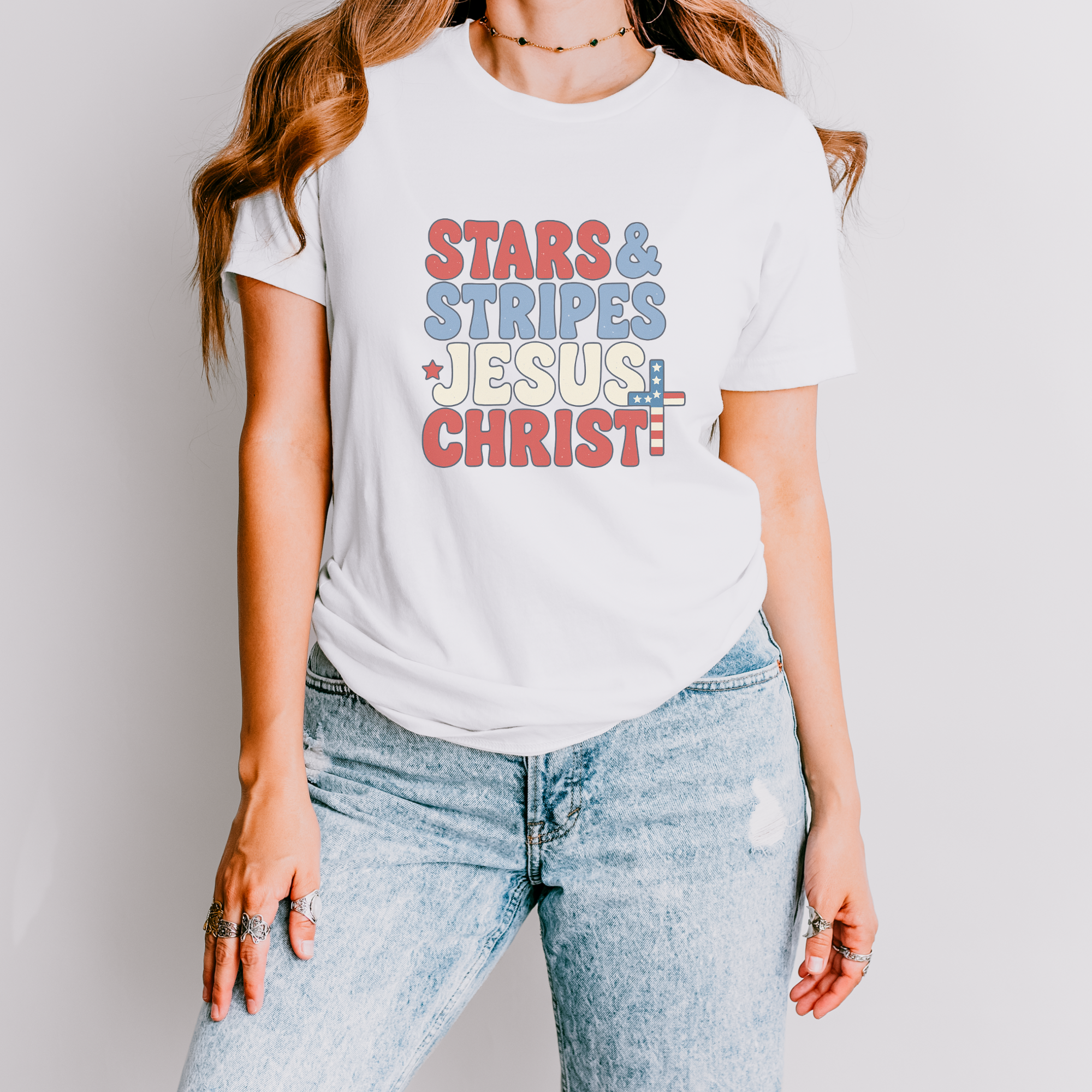 Stars Stripes Jesus Christ Patriotic Graphic T-Shirt