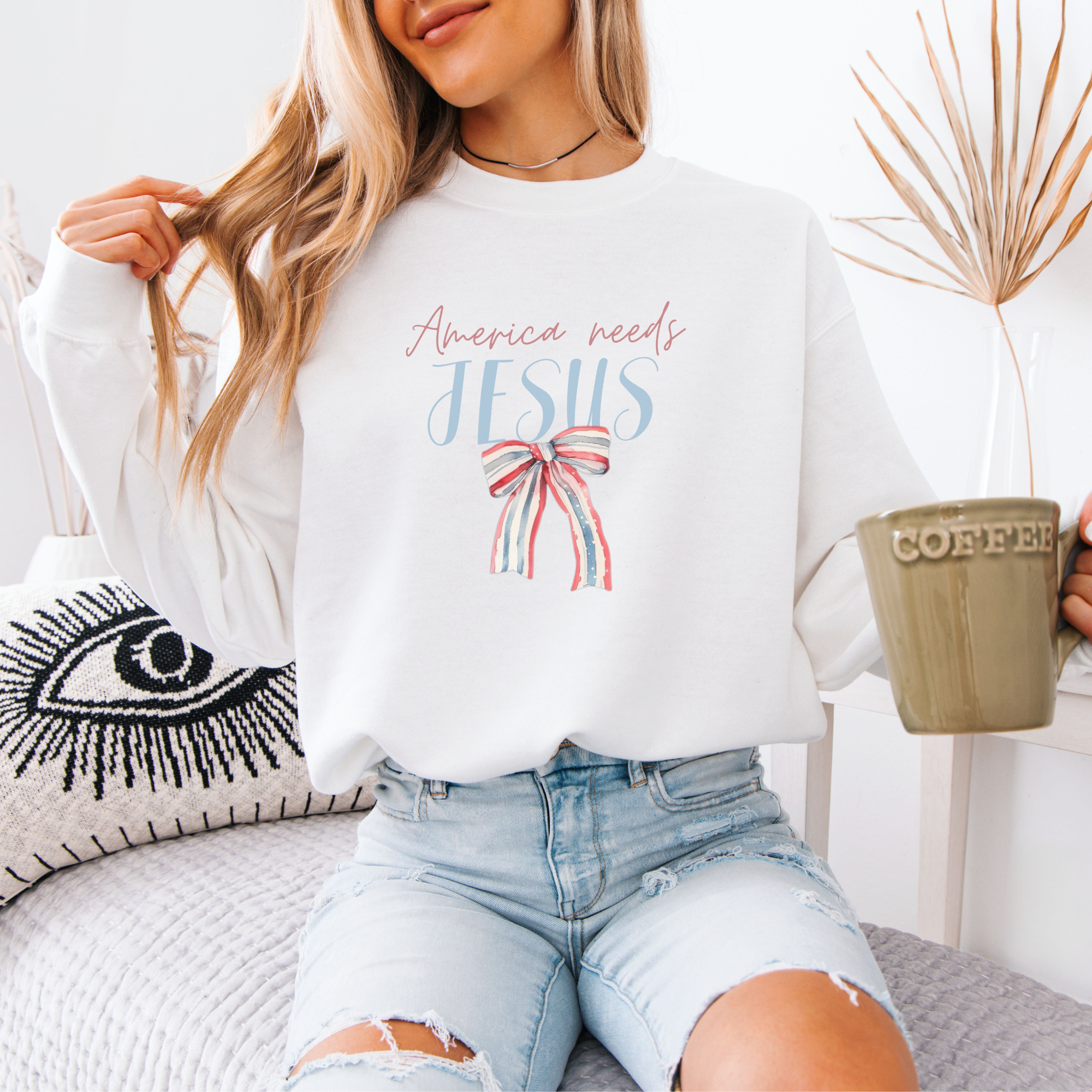 America Needs Jesus Women's Patriotic Crewneck Sweatshirt