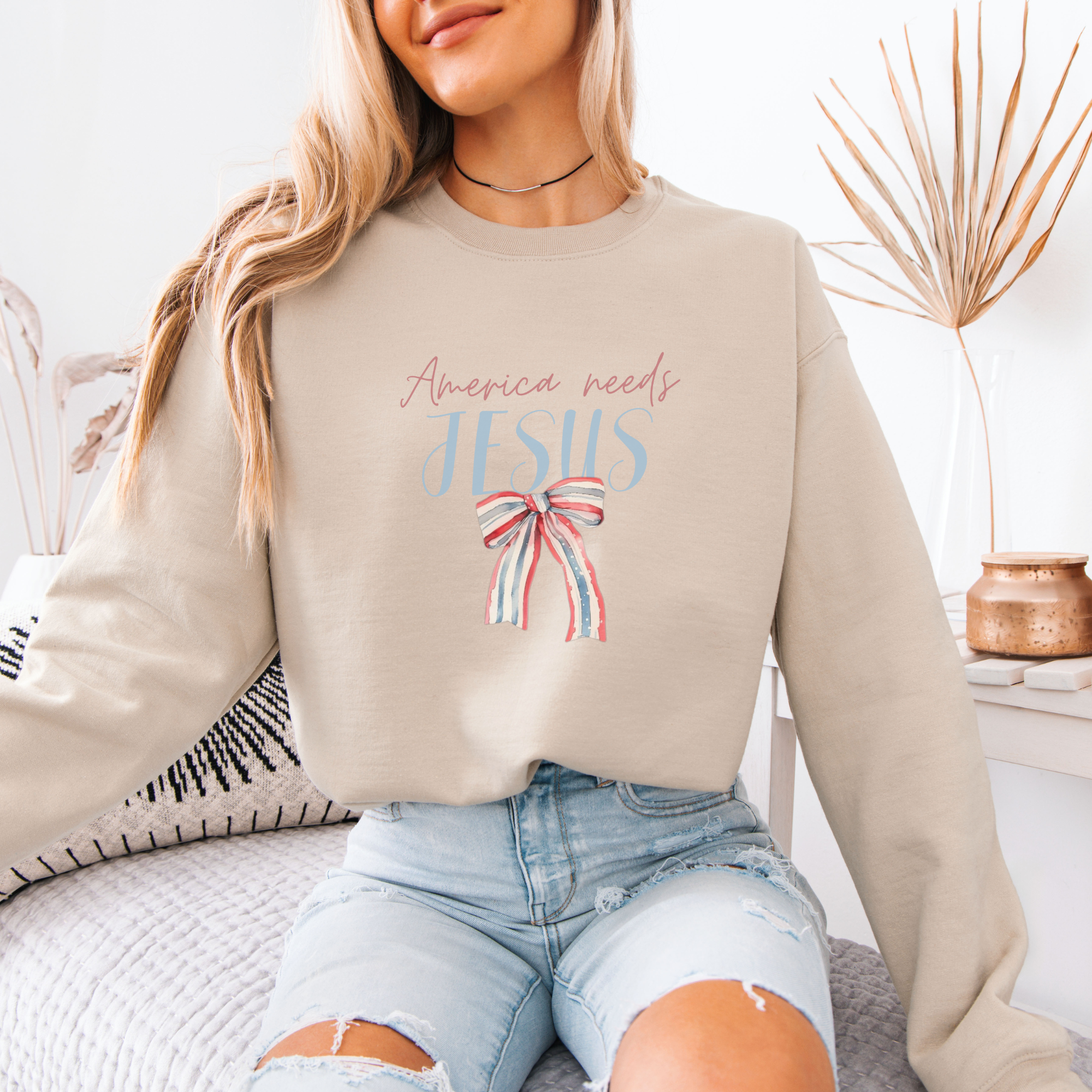 America Needs Jesus Women's Patriotic Crewneck Sweatshirt