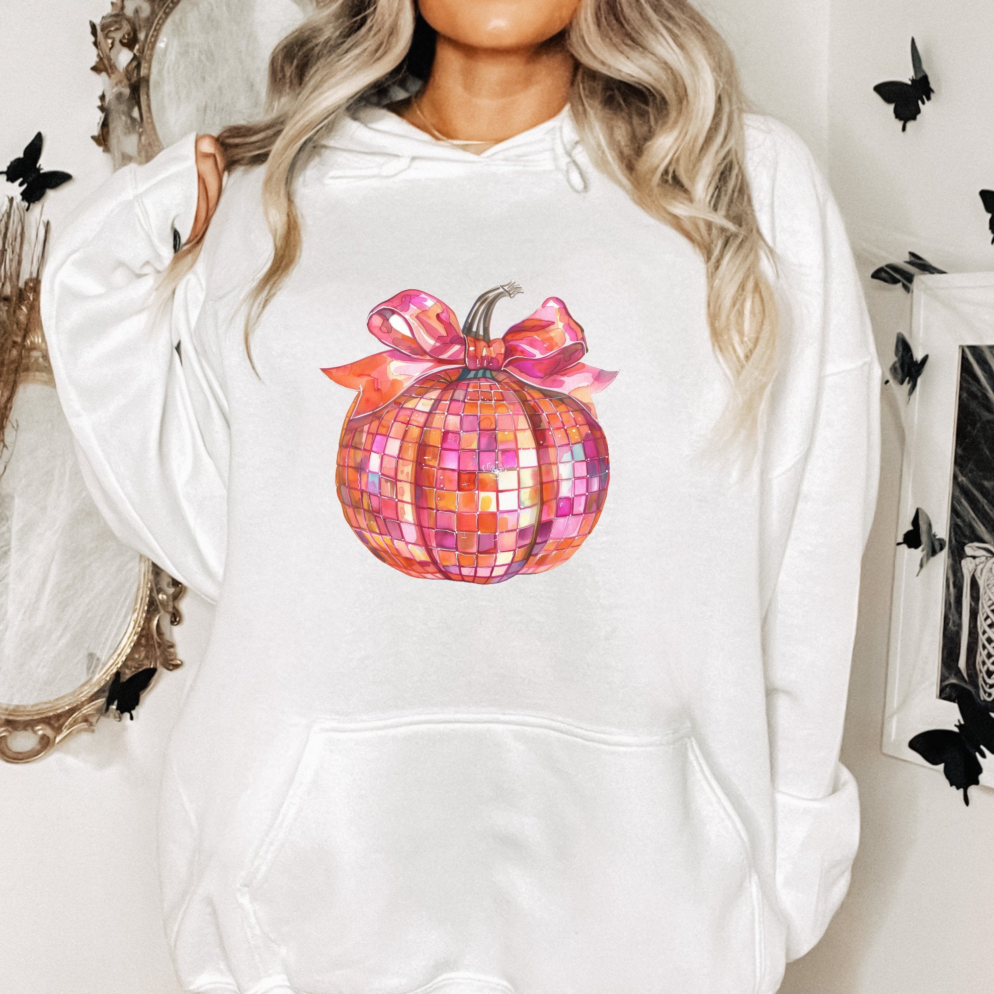 Halloween Coquette Bright Disco Ball Pumpkin Hoodie - Trendznmore