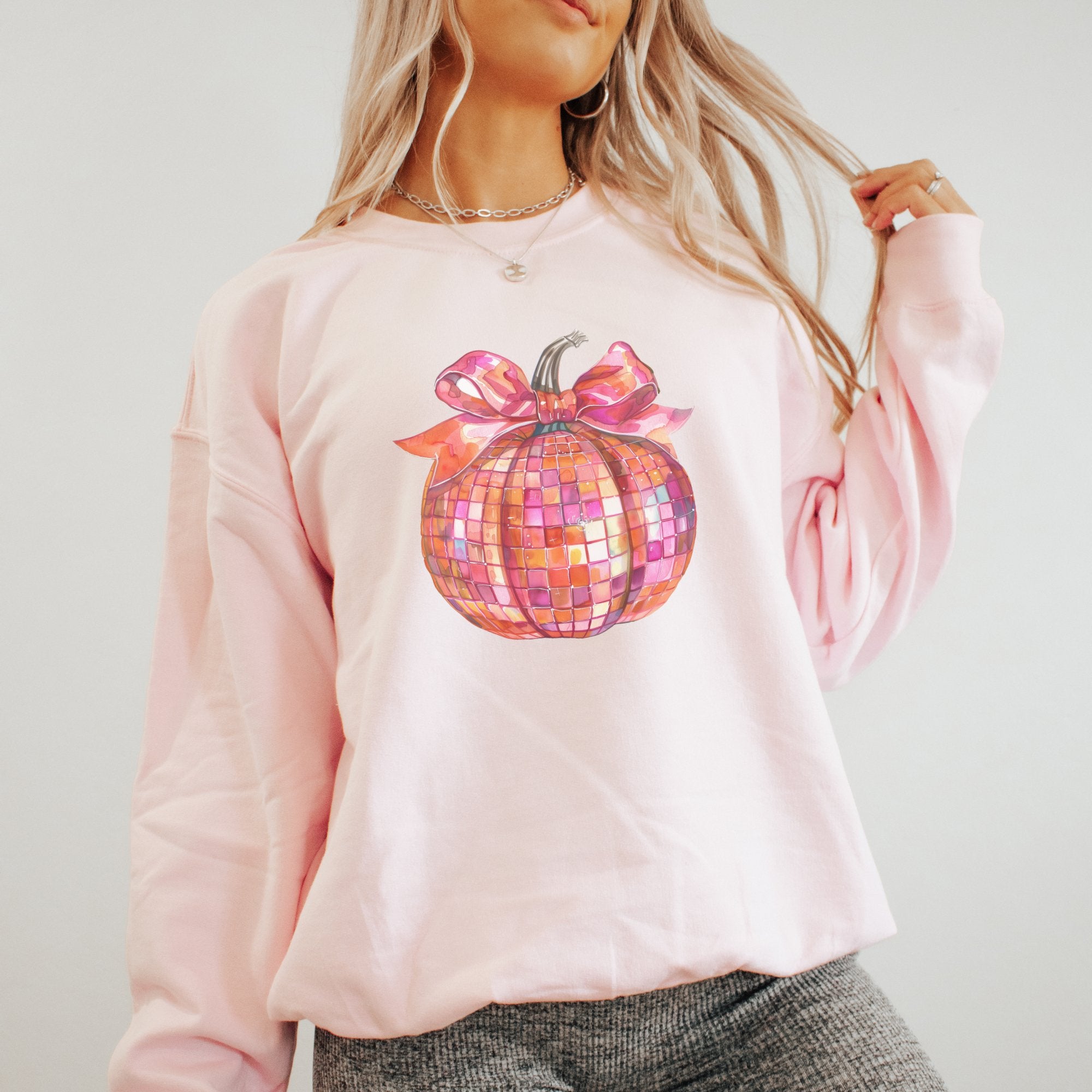 Halloween Coquette Bright Disco Ball Pumpkin Women's Sweatshirt - Trendznmore