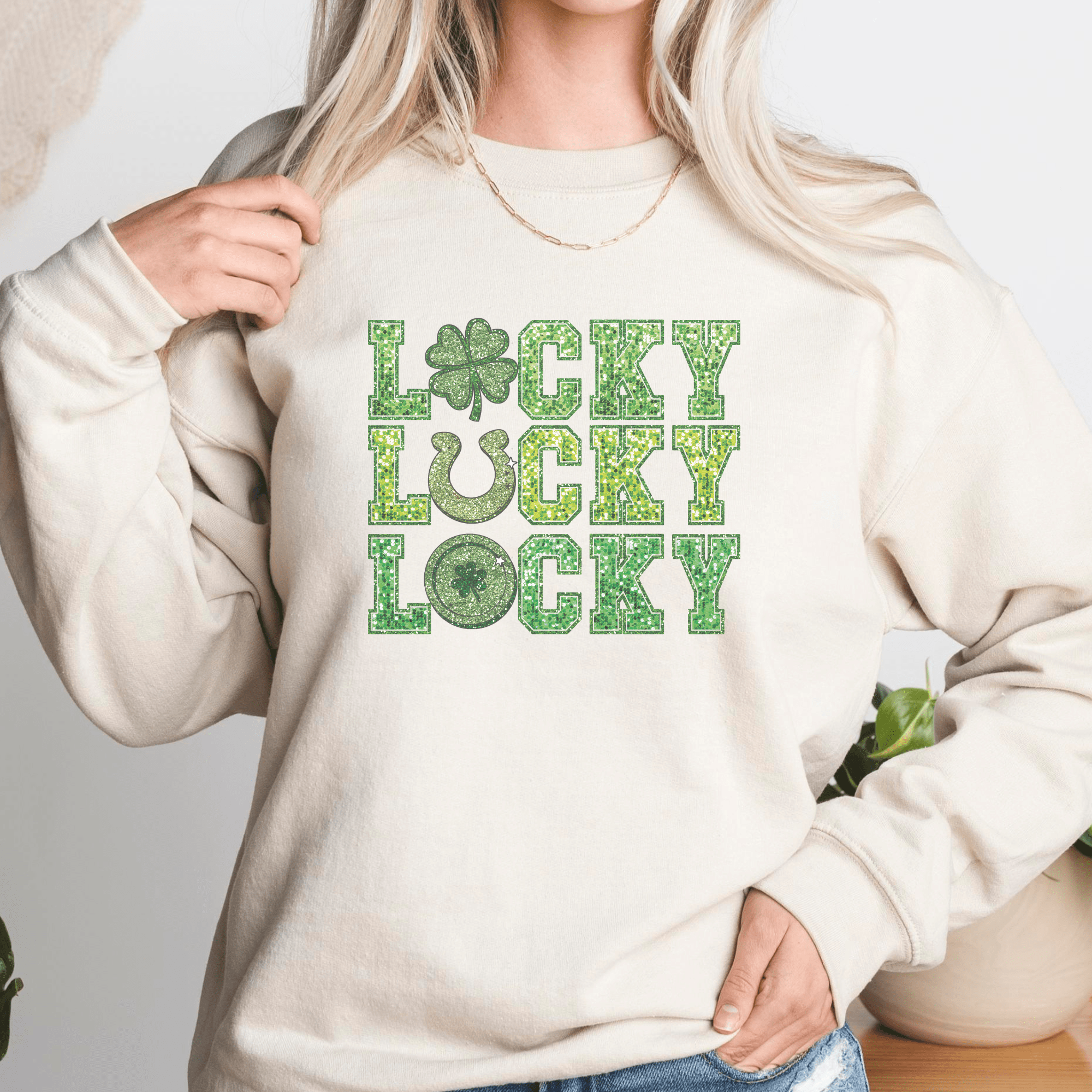 Lucky Stacked Faux Glitter St. Patrick's Day Crewneck Sweatshirt - Trendznmore