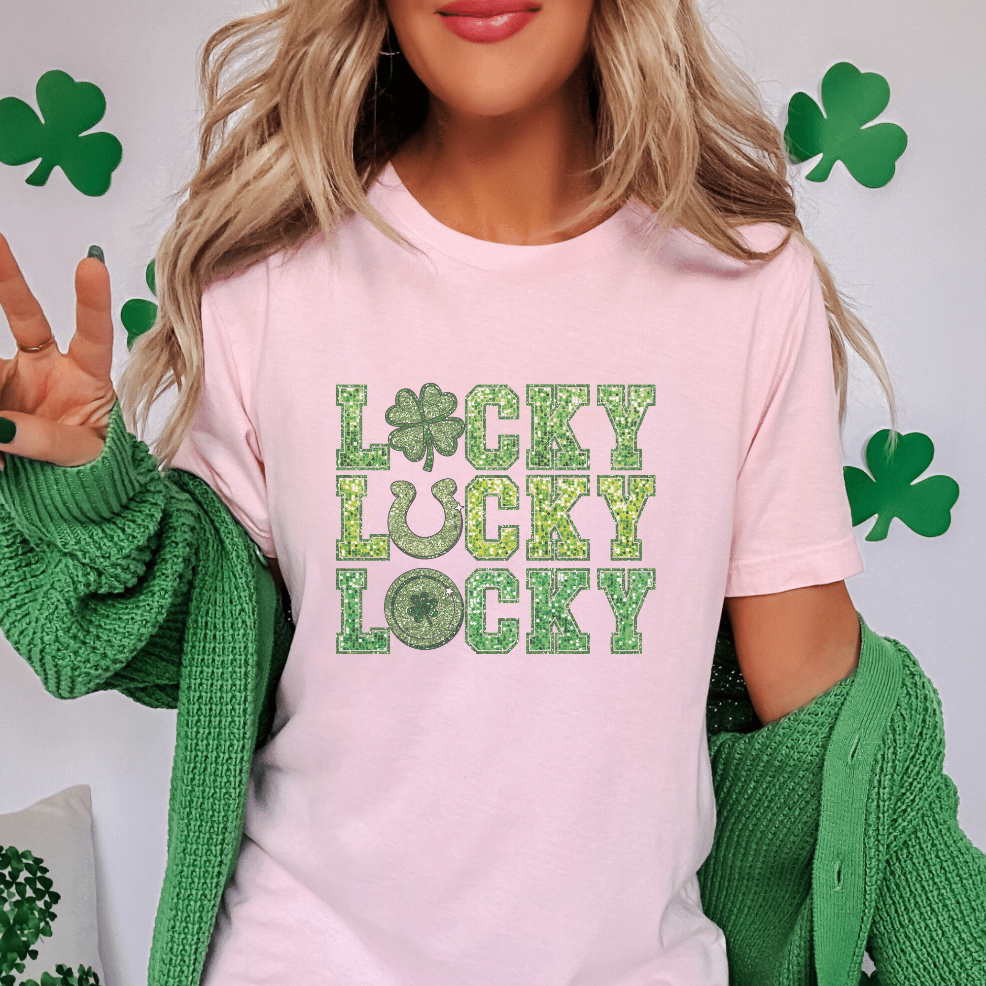 Lucky Stacked Faux Glitter St. Patrick's Day T-Shirt - Trendznmore