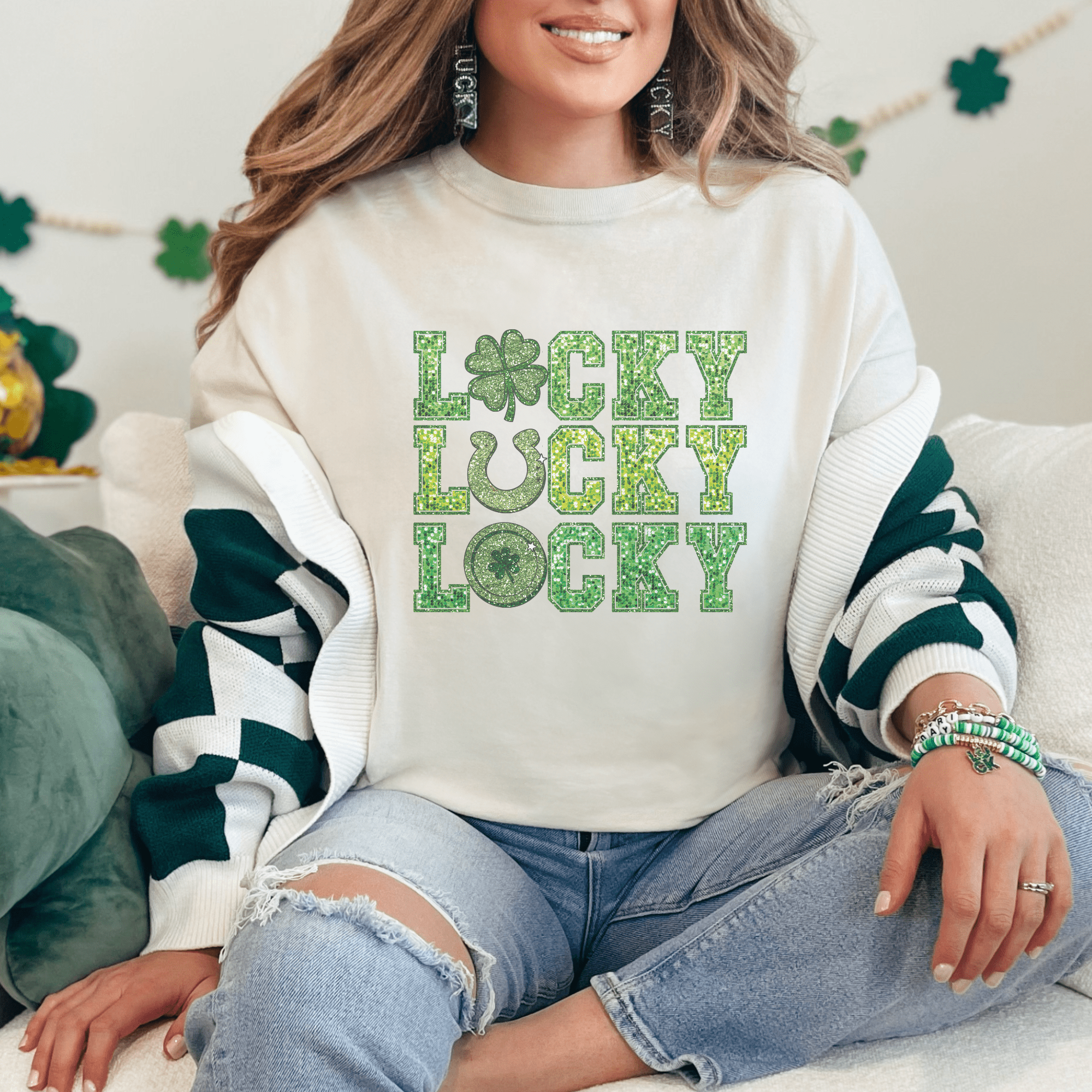 Lucky Stacked Faux Glitter St. Patrick's Day T-Shirt - Trendznmore