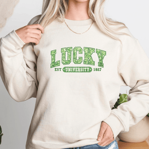 Lucky University Faux Glitter St. Patrick's Day Crewneck Sweatshirt - Trendznmore