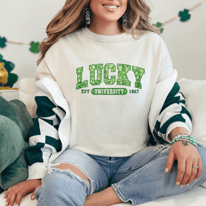 Lucky University Faux Glitter St. Patrick's Day T-Shirt - Trendznmore